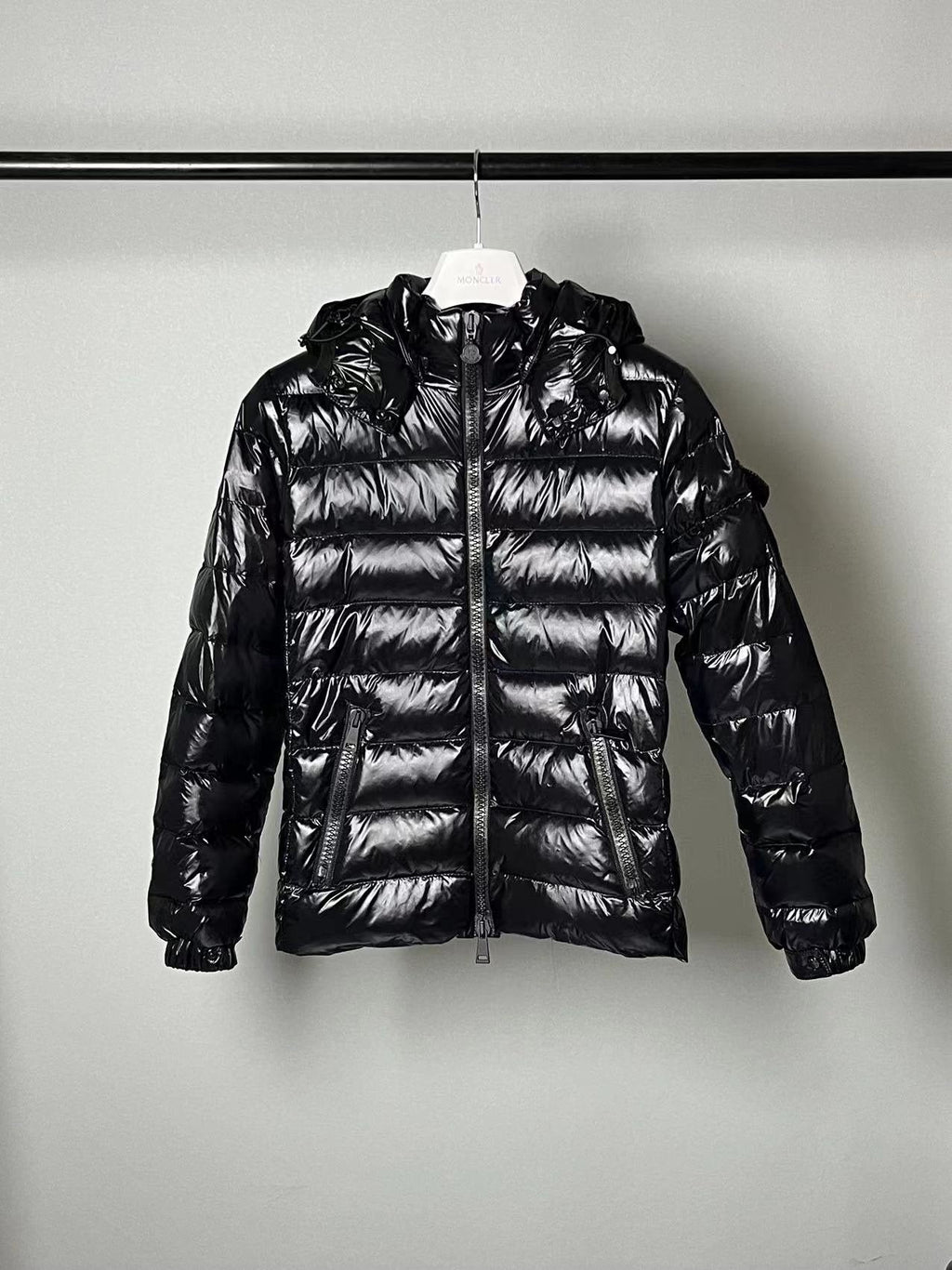 Womem Moncler coat Black Glossy Hooded Puffer Jacket — hero