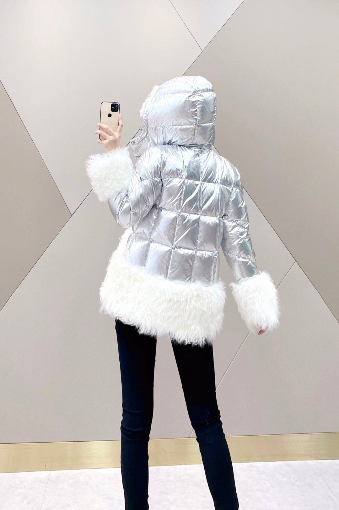 Moncler Silver Plush Panel Puffer Coat — context