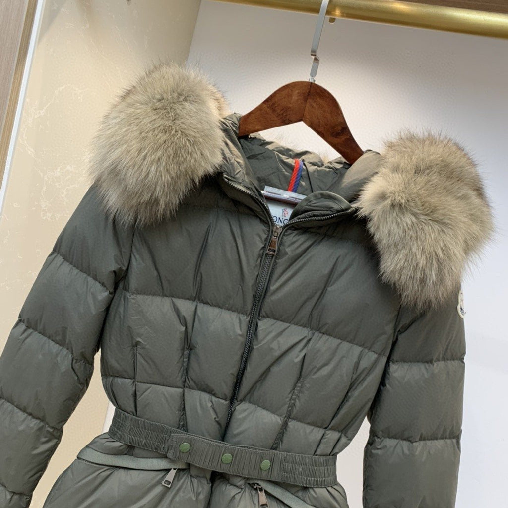 Moncler Fur-Trim Belted Puffer Coat — detail