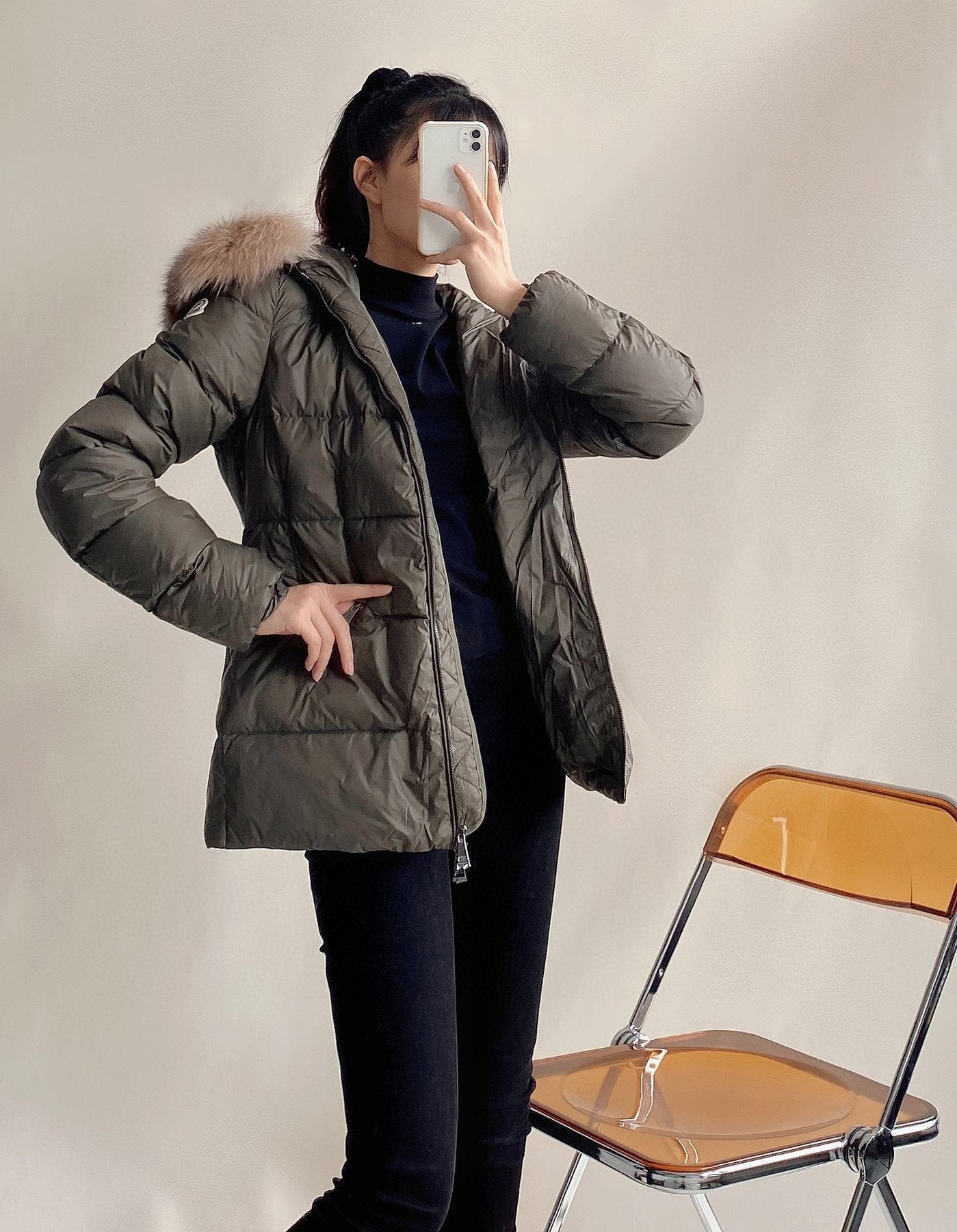 Moncler Fur-Trim Belted Puffer Coat — context