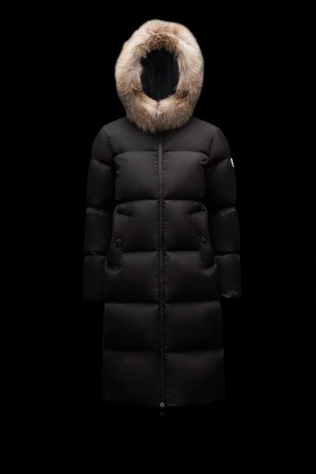 Moncler Hooded Fur-Trim Long Down Coat — front