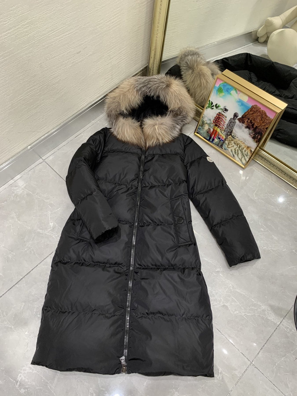 Moncler Hooded Fur-Trim Long Down Coat — detail