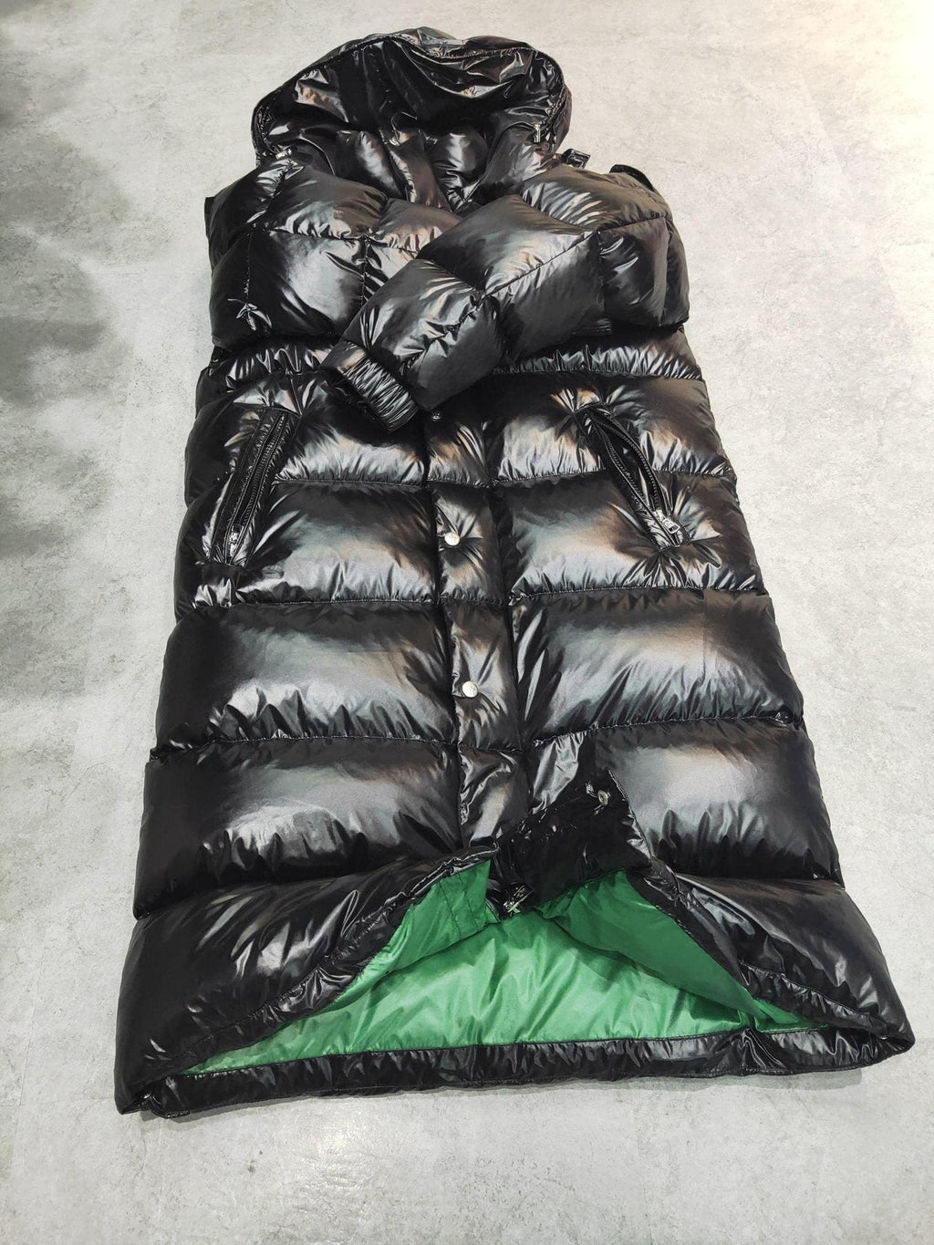 Moncler Glossy Hooded Long Down Coat — detail