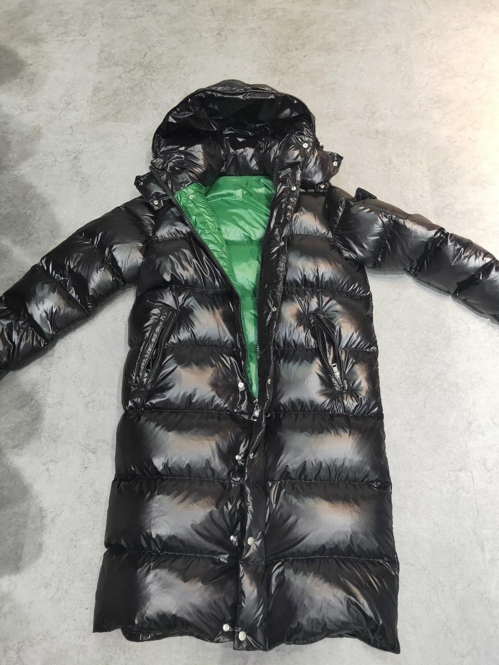 Moncler Glossy Hooded Long Down Coat — detail