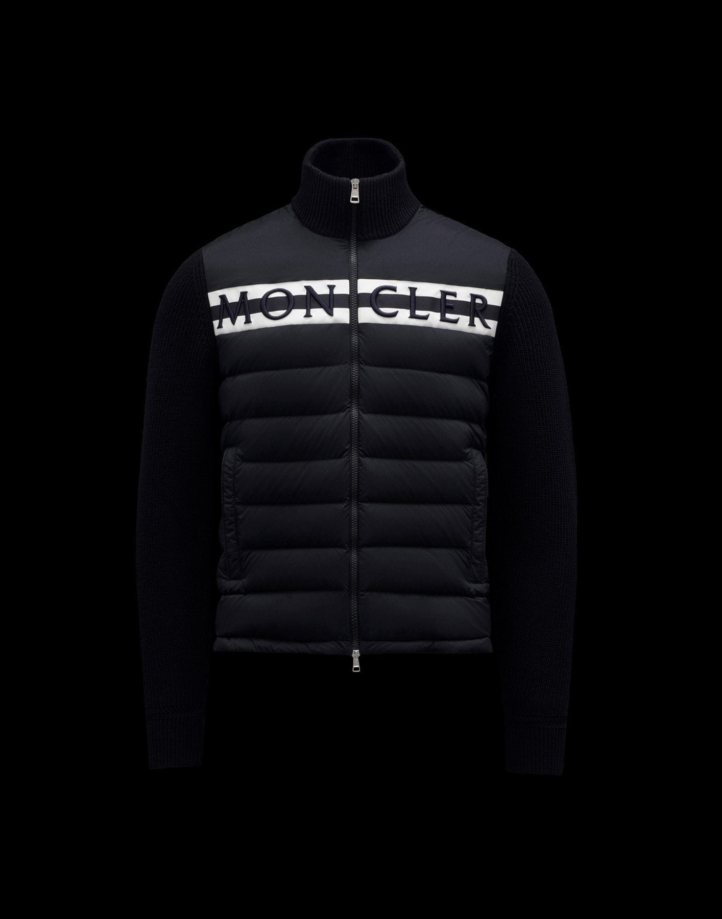 Moncler Men's Black Quilted Knit-Sleeve Down Jacket — front