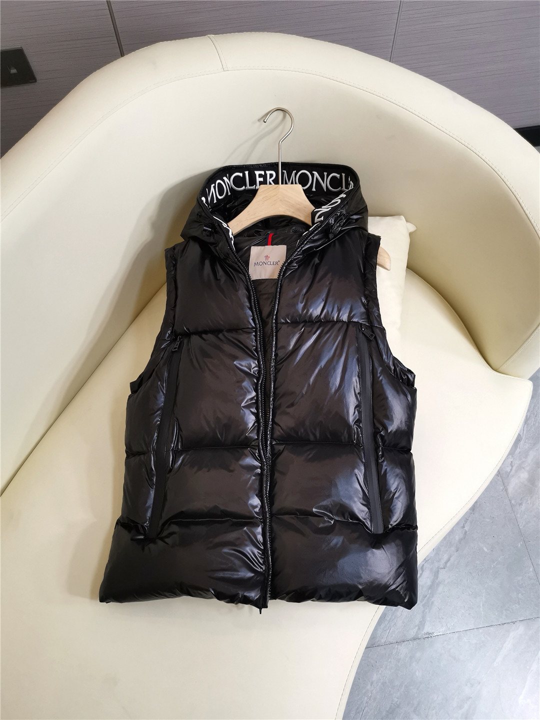Moncler Hooded Letter-Trim Down Vest — context
