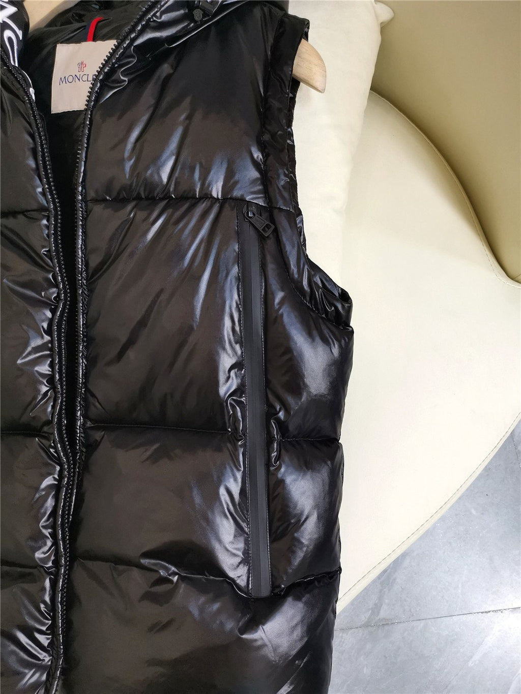 Moncler Hooded Letter-Trim Down Vest — fabric_closeup