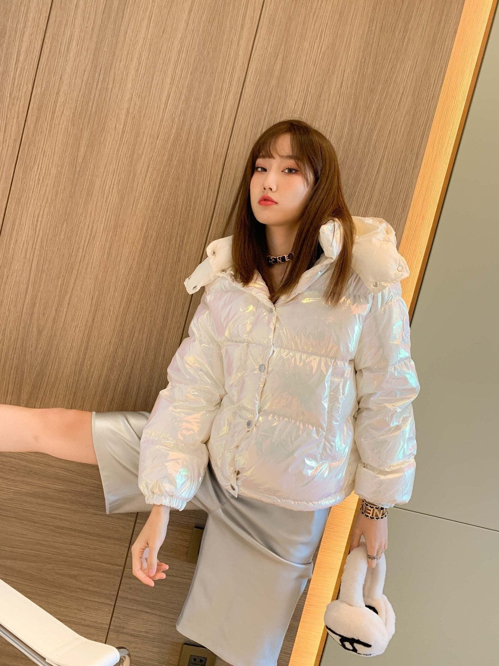 Moncler Iridescent White Short Down Coat — context