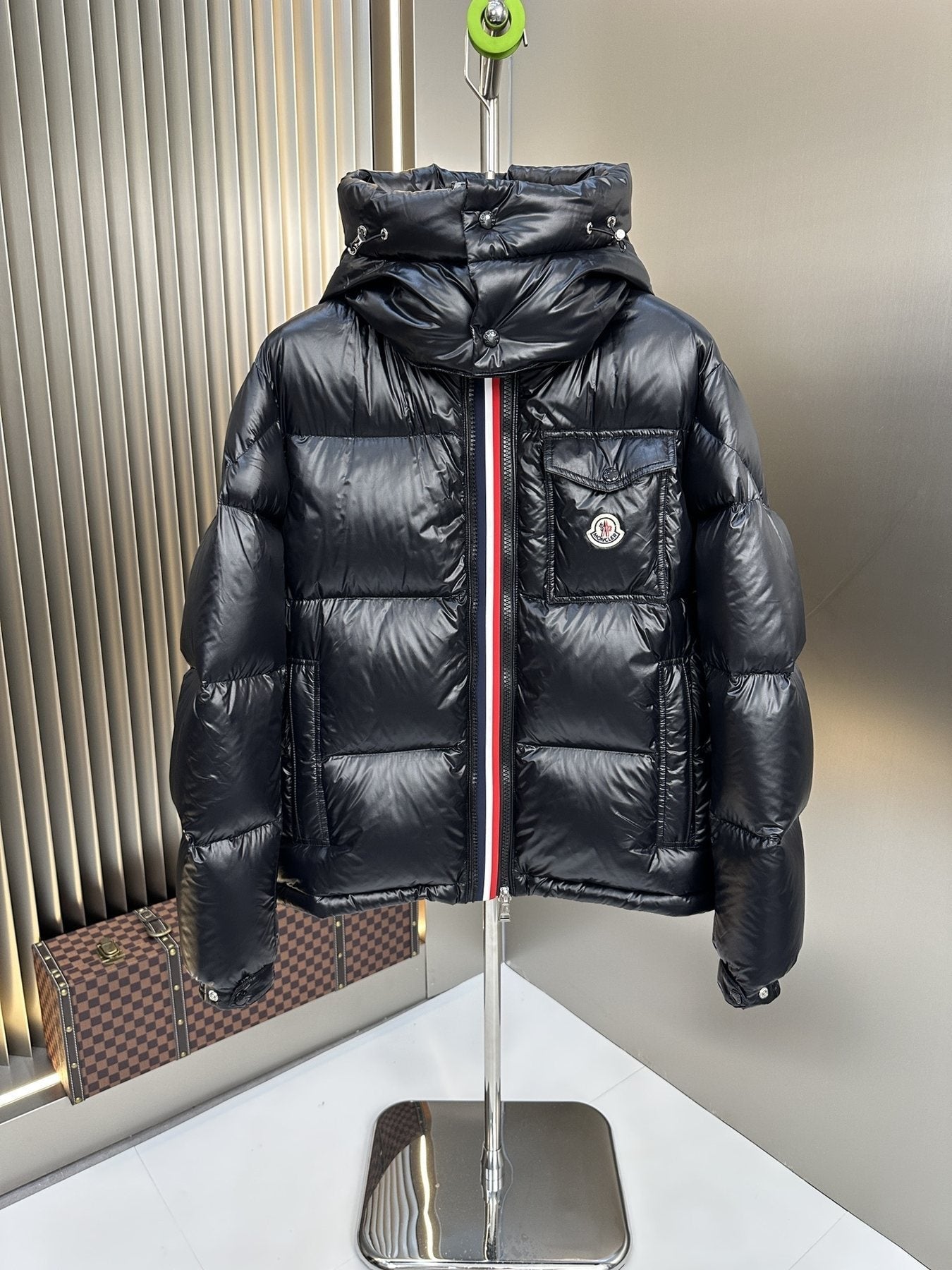 Men Moncler coat Black Hooded Puffer Jacket with Tricolor Zip Trim — front