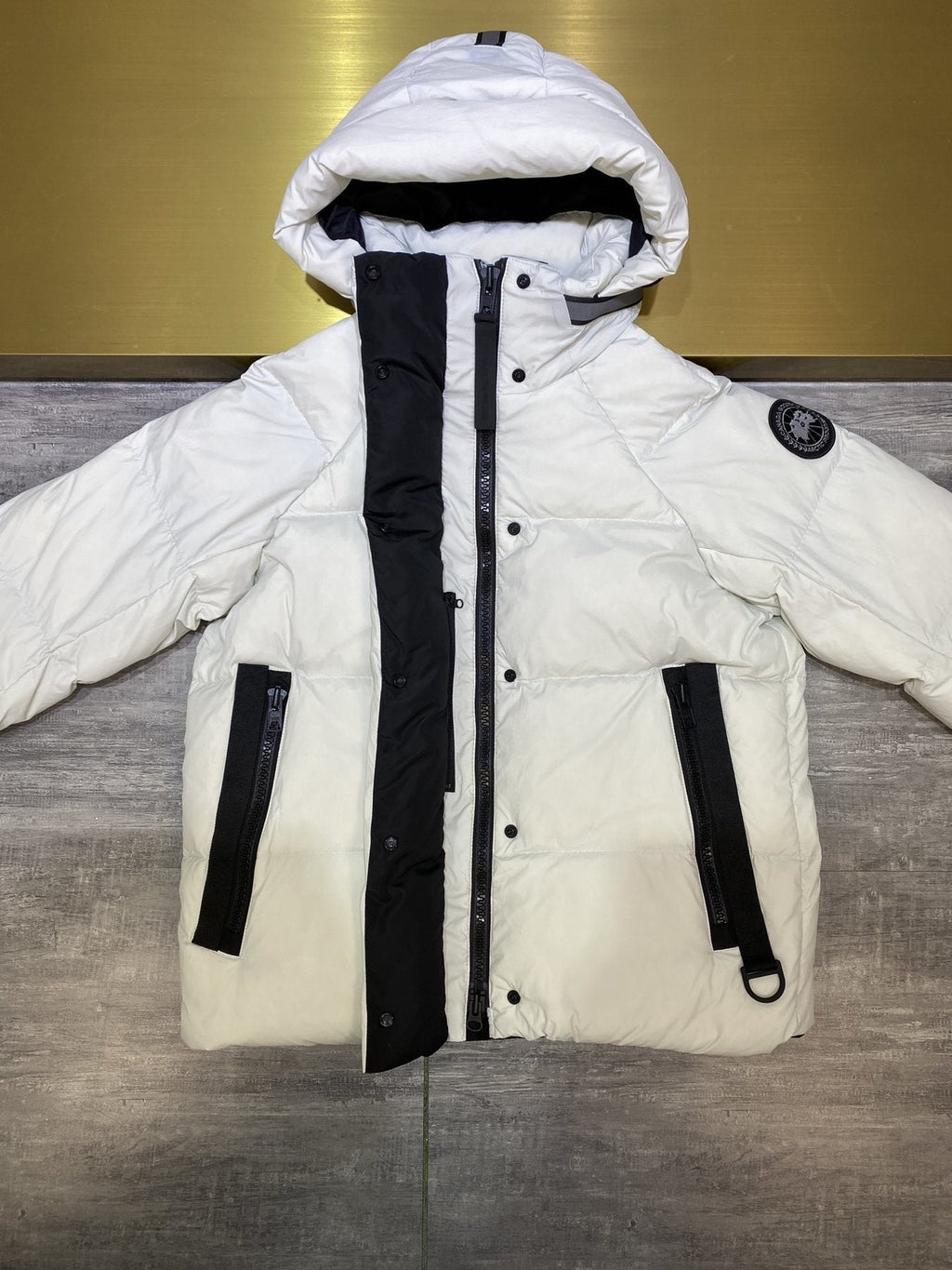 Canada Goose Light Grey Hooded Puffer Jacket — detail