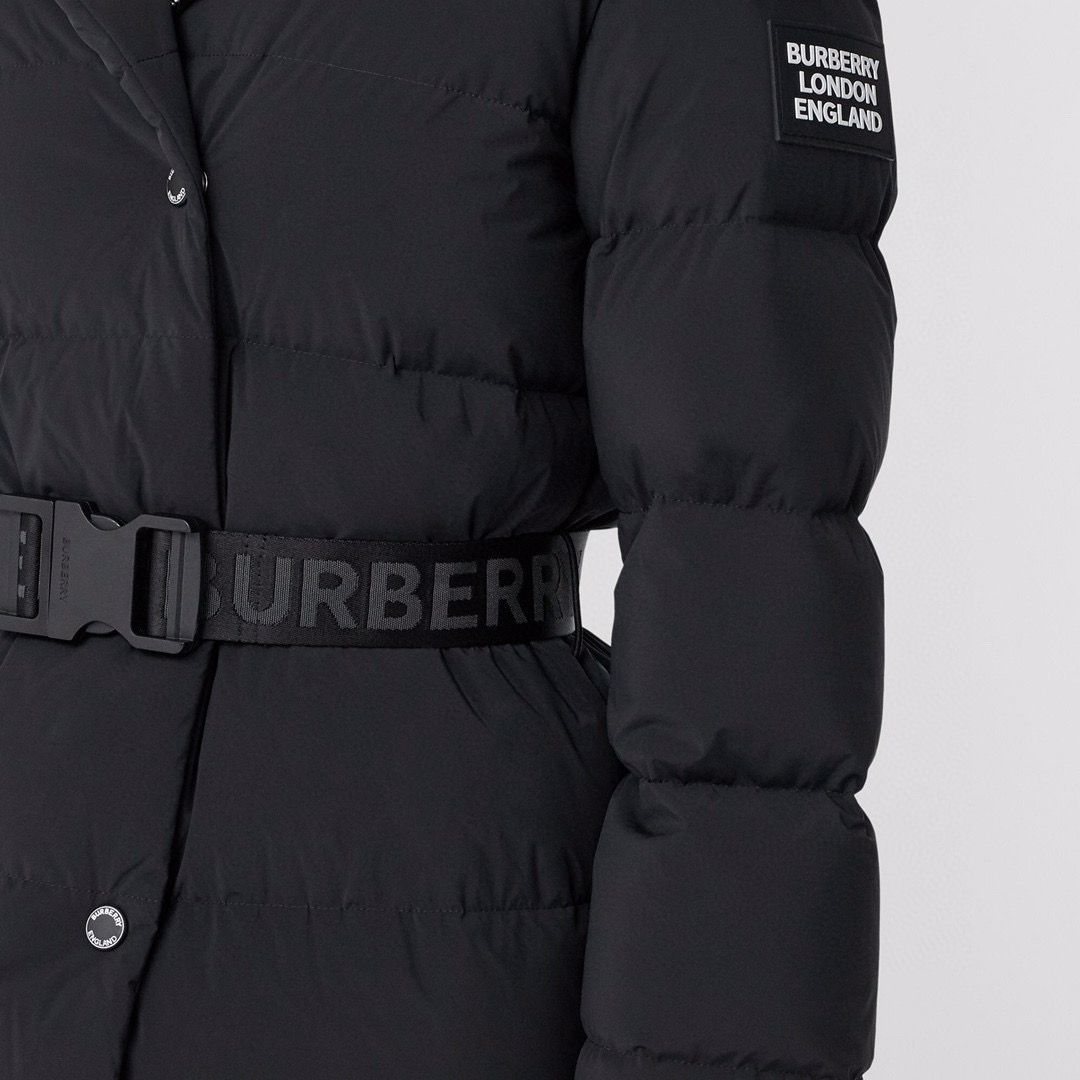 Burberry Women's Black Belted Hooded Long Down Jacket — detail