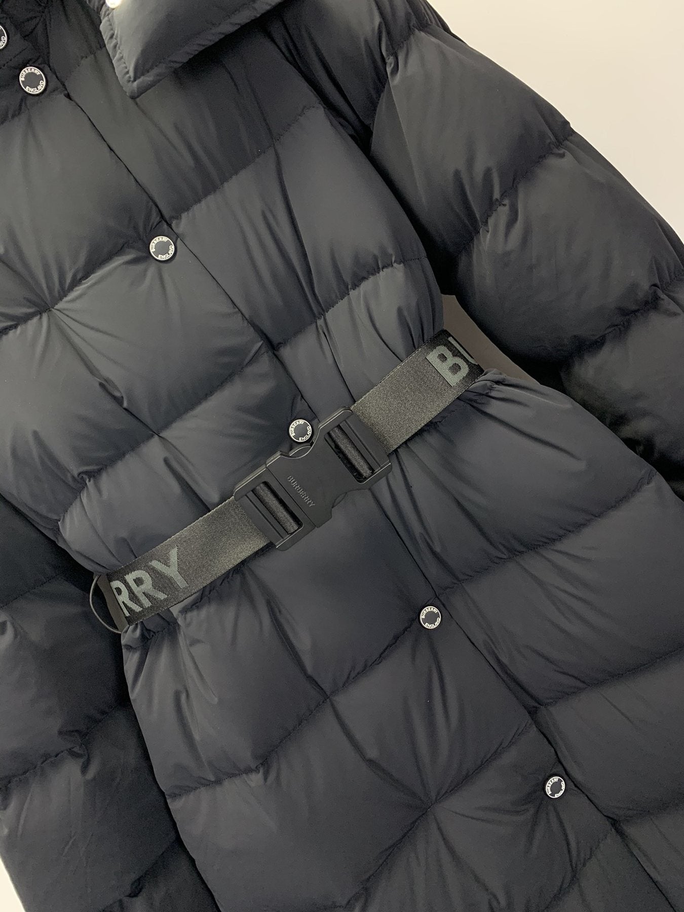 Burberry Women's Black Belted Hooded Long Down Jacket — detail