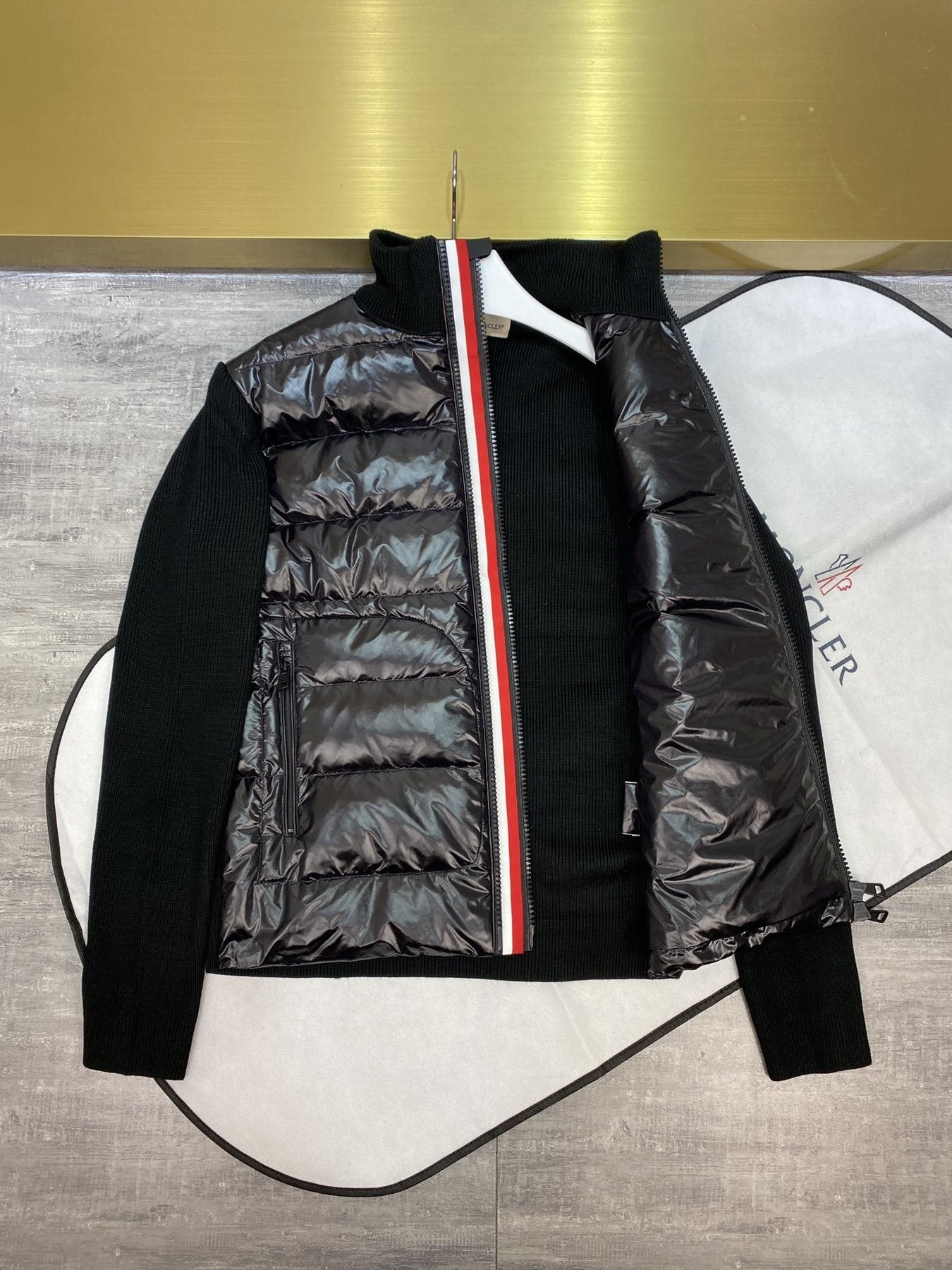 Moncler Quilted Knit-Sleeve Zip Jacket — detail
