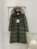 Moncler Women’s Long Down Jacket with Fur-Trim Hood — hang_tag