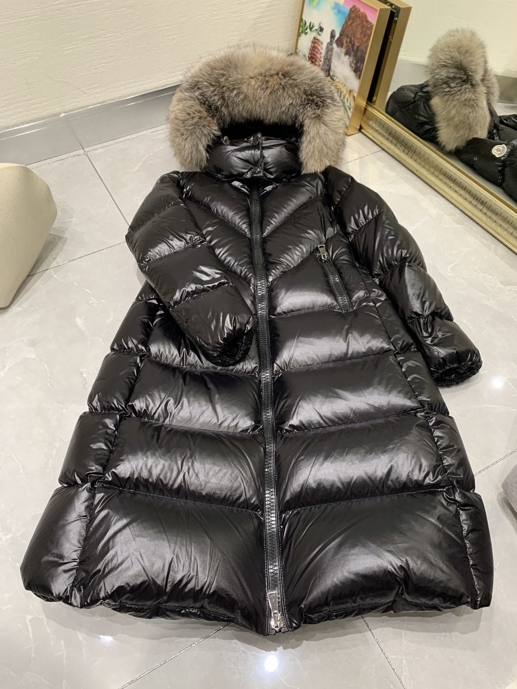 Moncler Women’s Long Down Jacket with Fur-Trim Hood — context