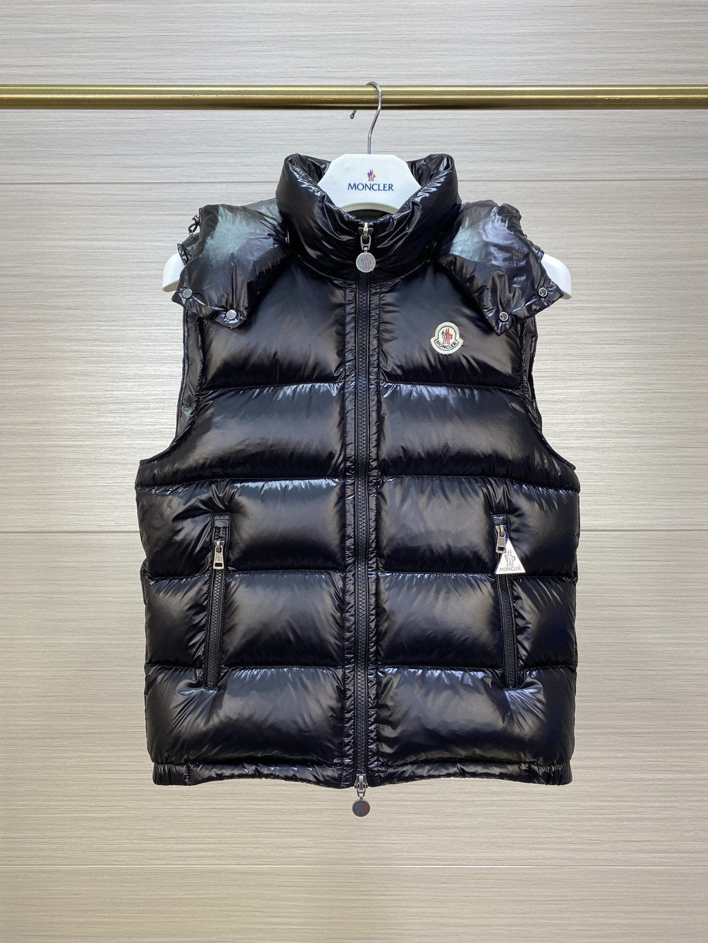 Moncler Hooded Glossy Puffer Down Vest — hero