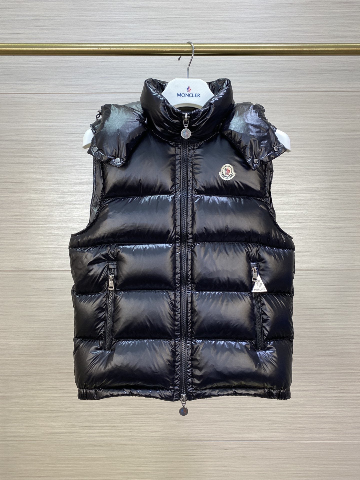 Moncler Hooded Glossy Puffer Down Vest — hero
