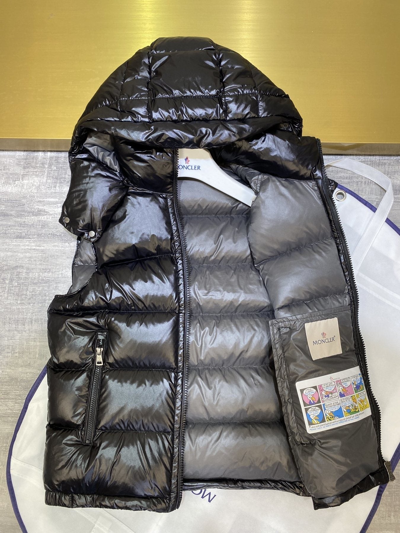 Moncler Hooded Glossy Puffer Down Vest — hang_tag