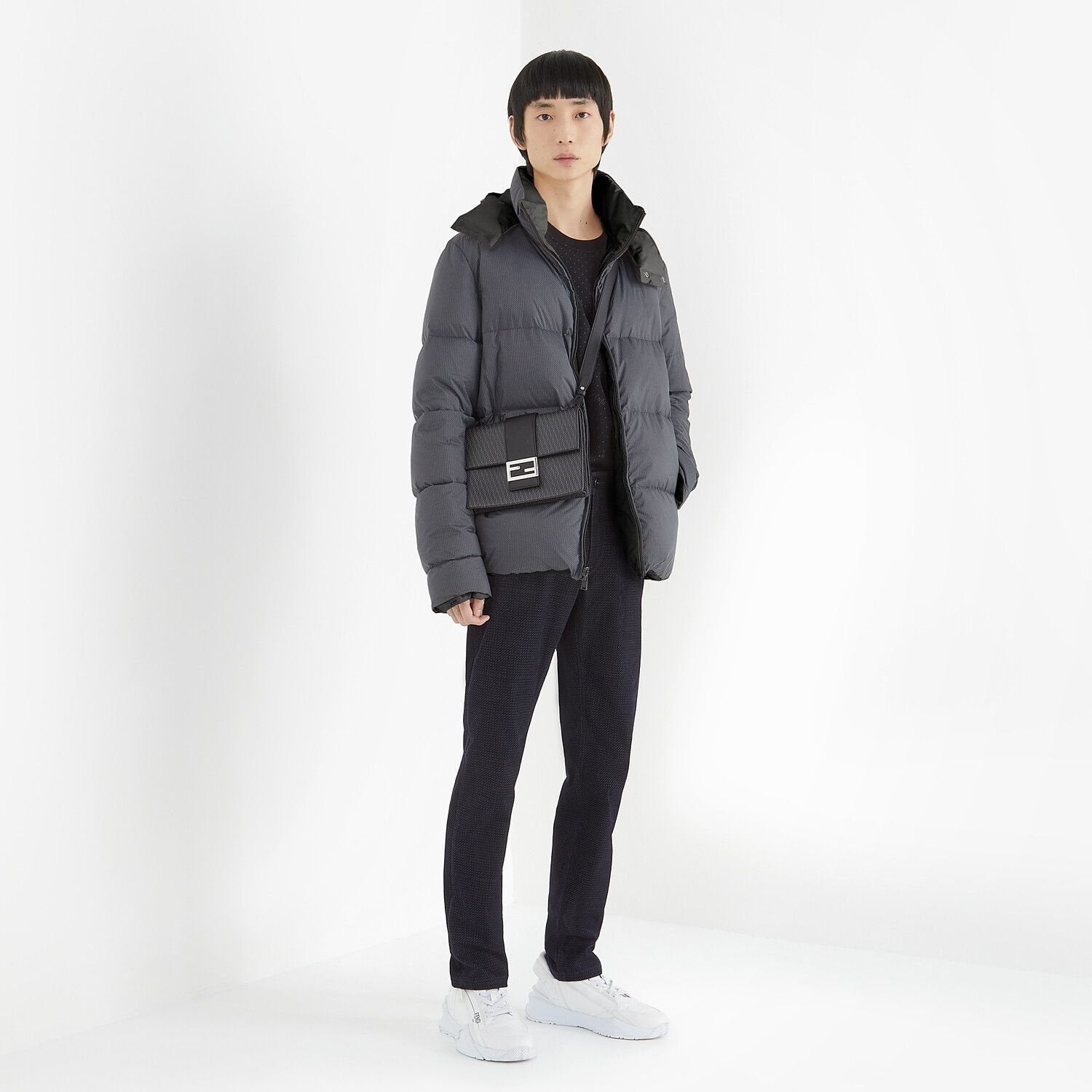 Fendi Grey Hooded Baffled Puffer Jacket — context