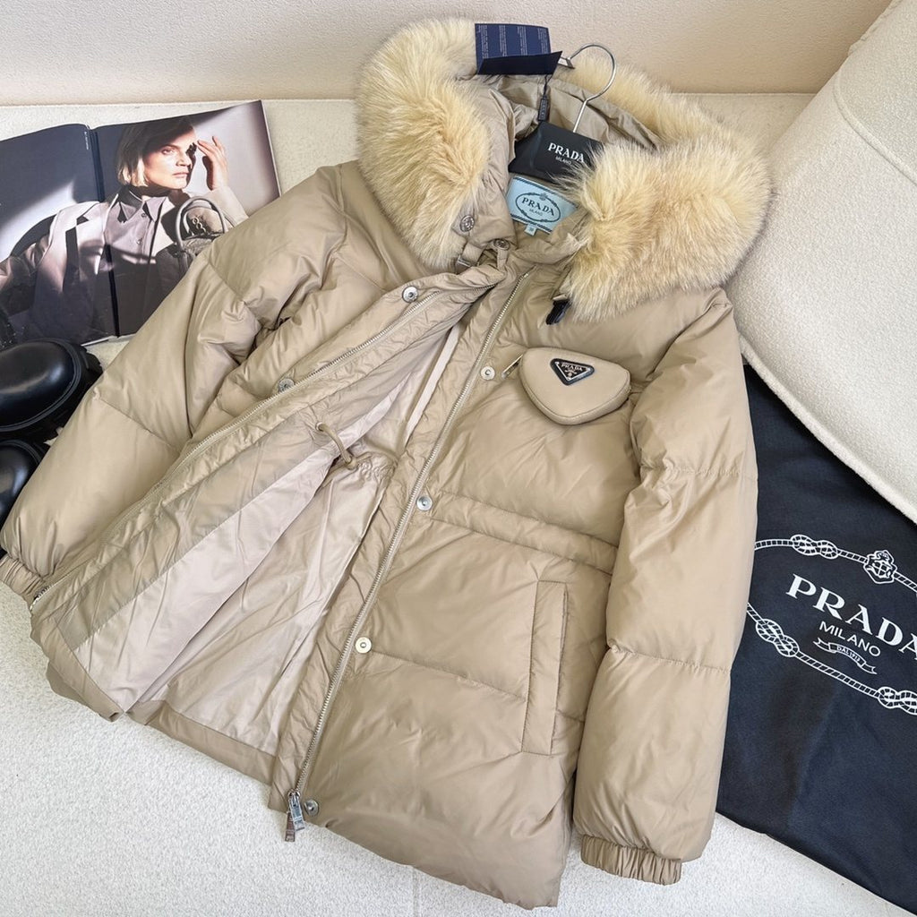 Prada Fur-Trim Hooded Puffer Jacket with Detachable Pouch — detail