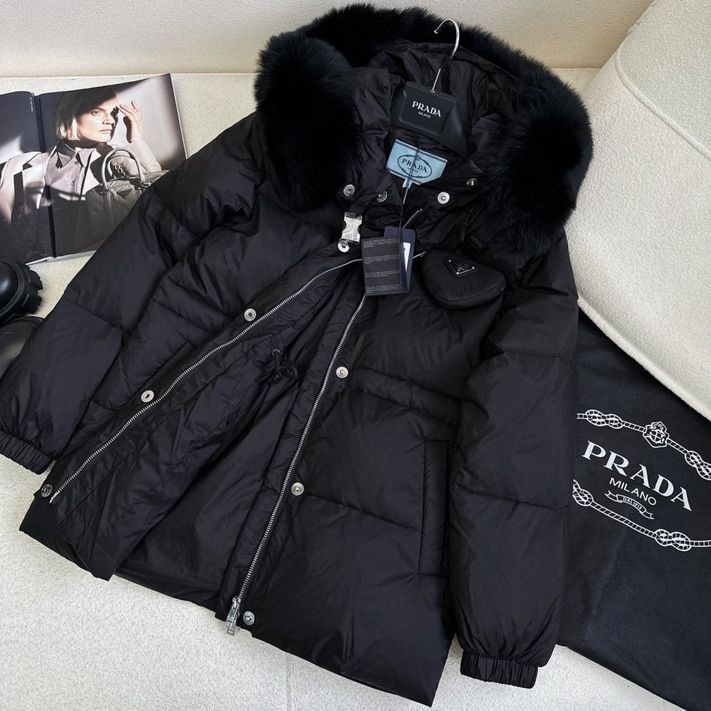 Prada Fur-Trim Hooded Puffer Jacket with Detachable Pouch — detail