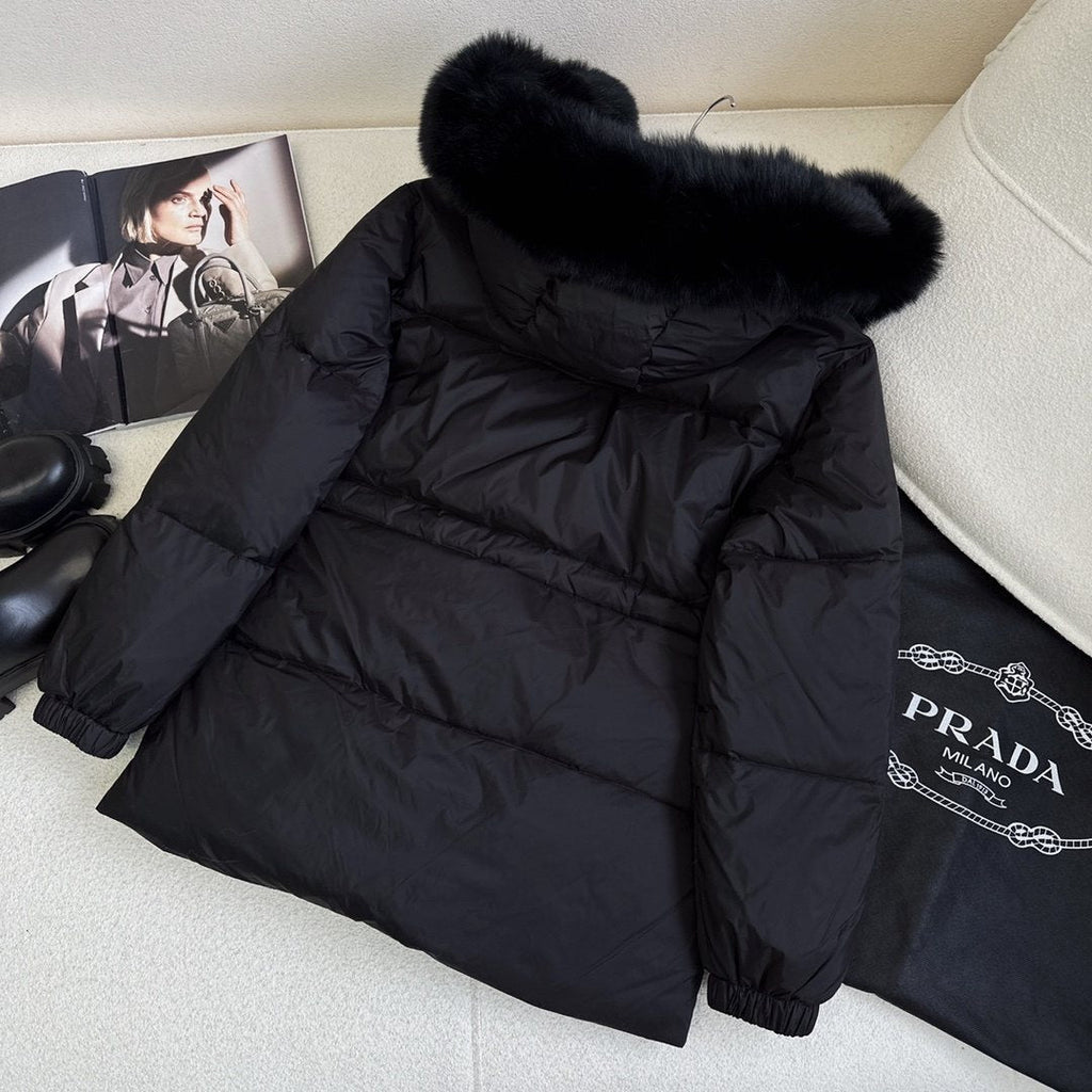 Prada Fur-Trim Hooded Puffer Jacket with Detachable Pouch — back