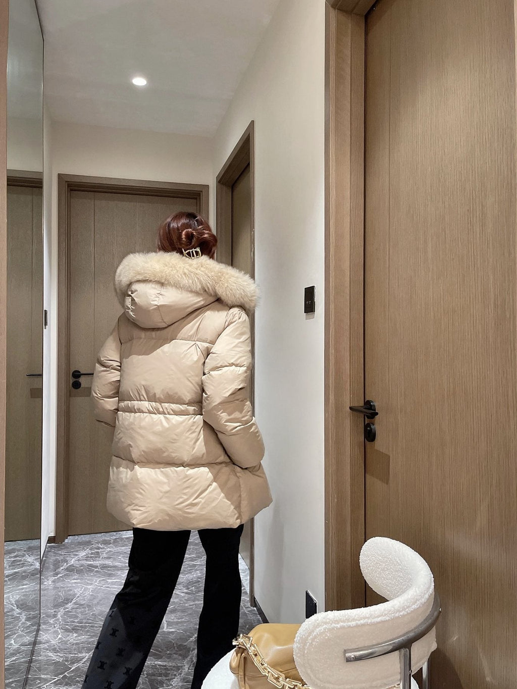 Prada Fur-Trim Hooded Puffer Jacket with Detachable Pouch — context