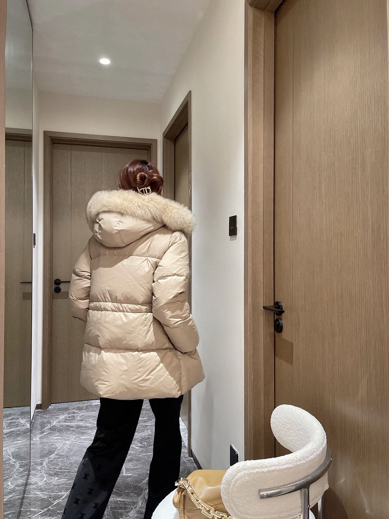 Prada Fur-Trim Hooded Puffer Jacket with Detachable Pouch — context
