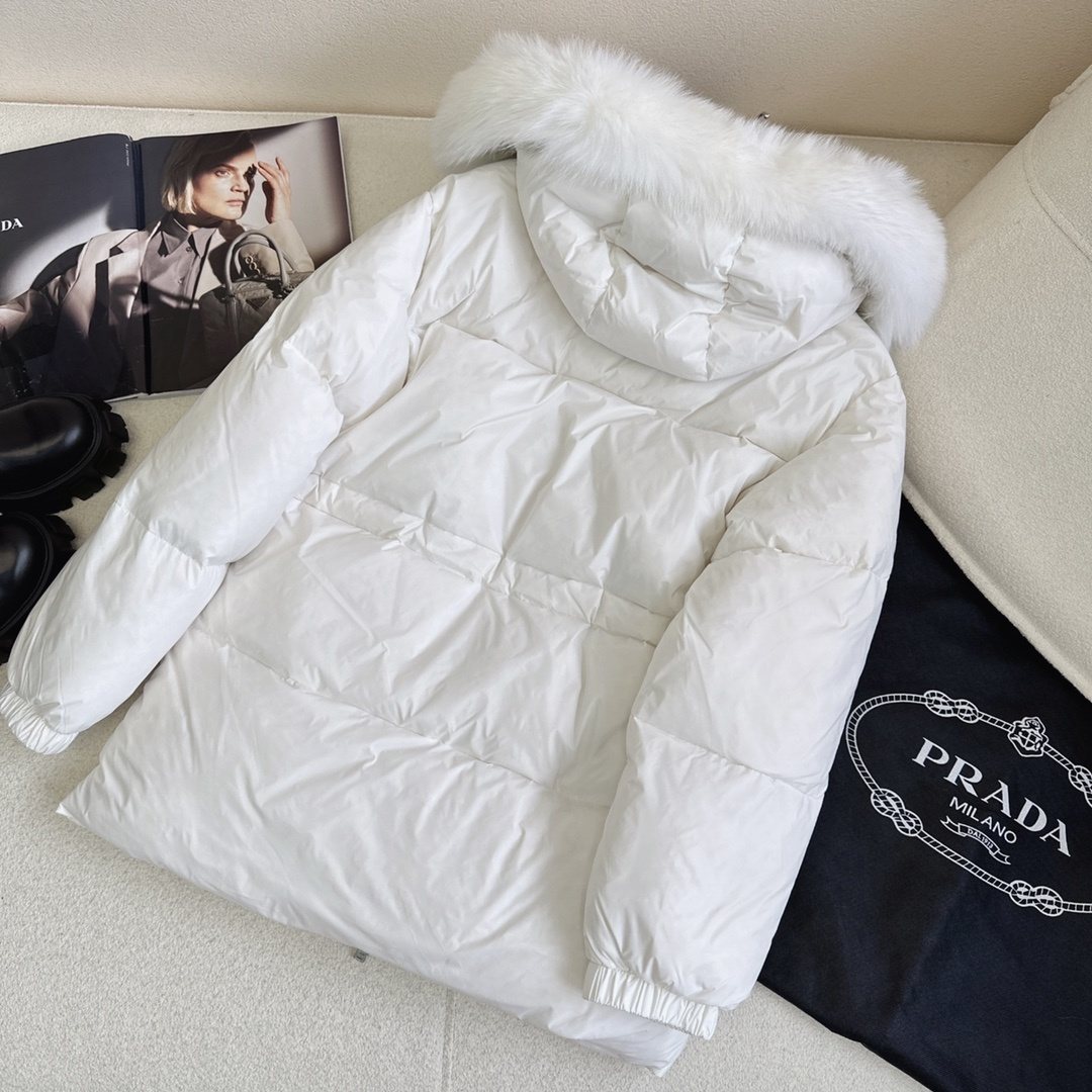 Prada Fur-Trim Hooded Puffer Jacket with Detachable Pouch — back