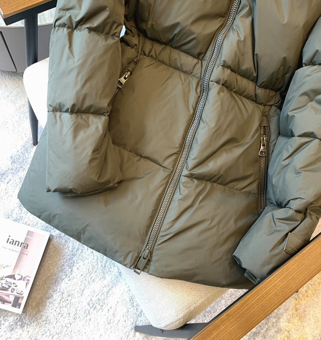 Burberry Hooded Quilted Long Down Jacket — detail