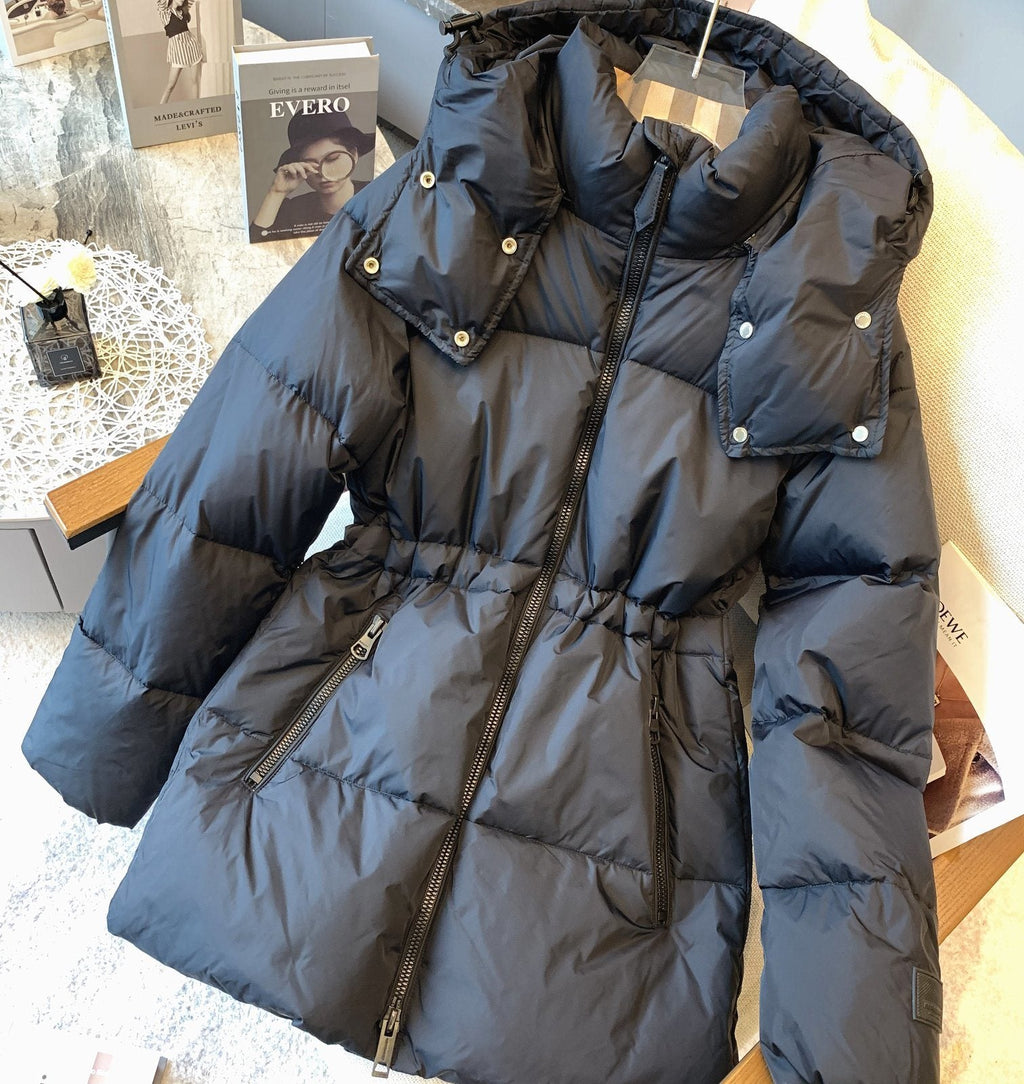 Burberry Hooded Quilted Long Down Jacket — detail
