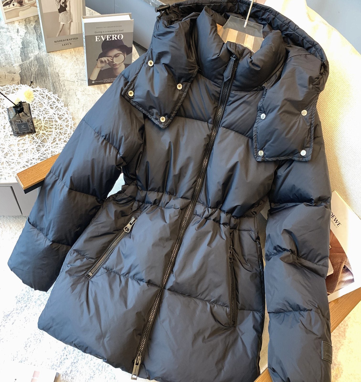 Burberry Hooded Quilted Long Down Jacket — detail