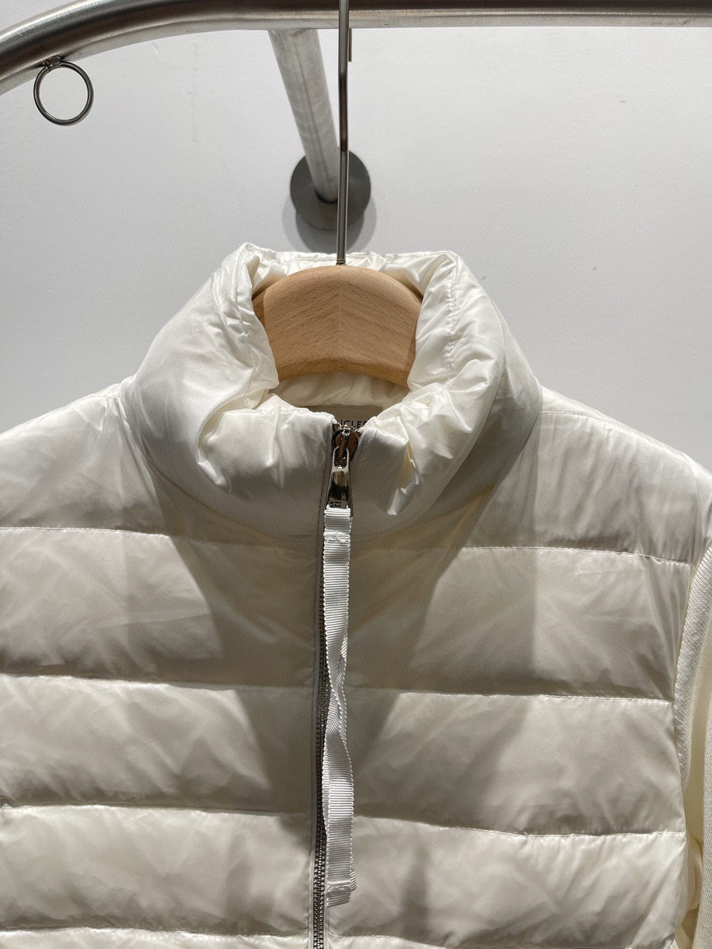 Moncler Quilted Knit-Sleeve Down Jacket — detail