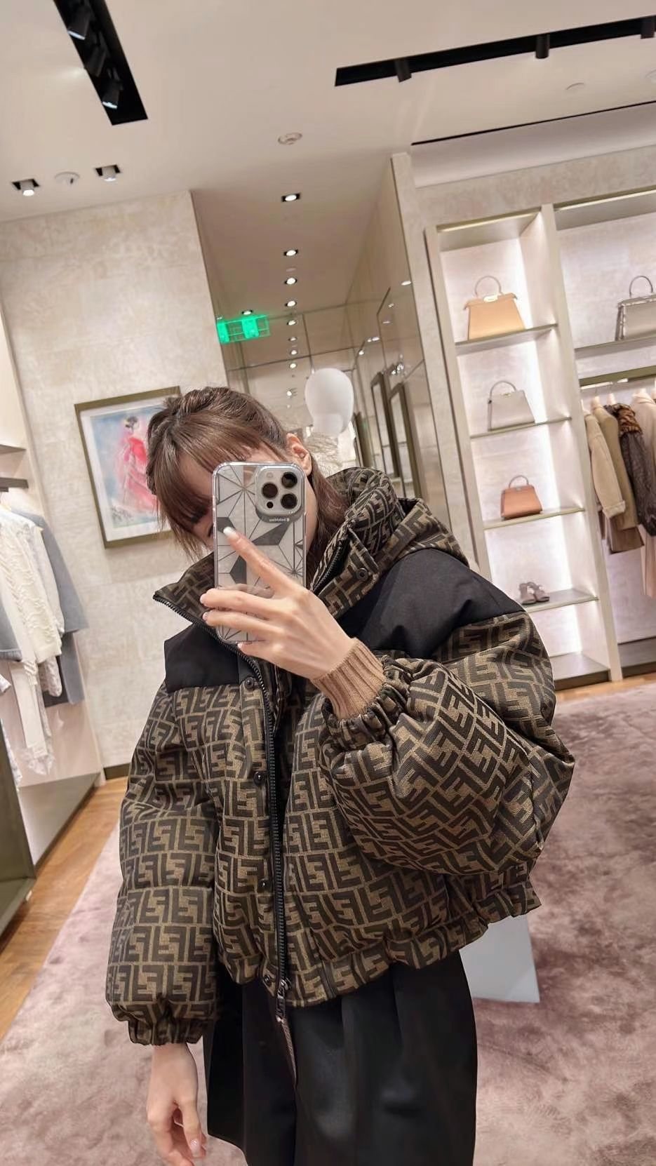 Fendi Brown Monogram Contrast Panel Puffer Jacket — detail