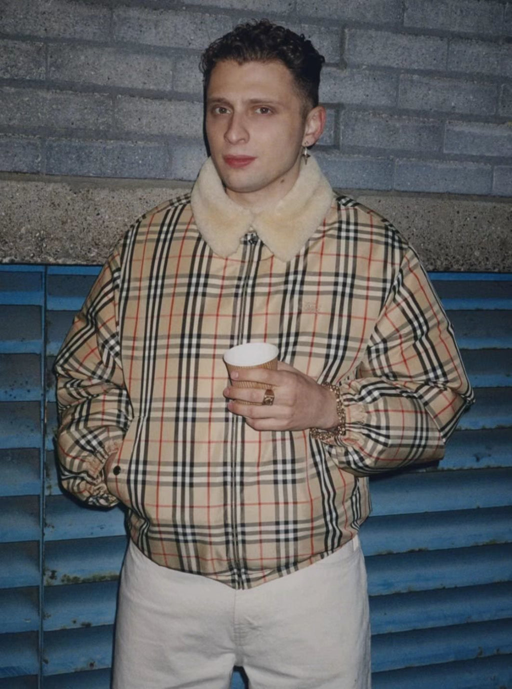 Burberry Beige Check Shearling-Collar Puffer Jacket — model