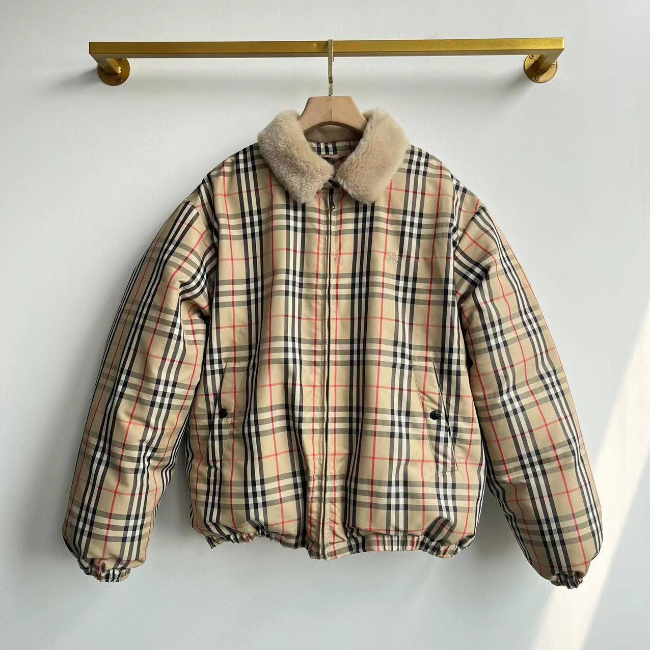 Burberry Beige Check Shearling-Collar Puffer Jacket — front