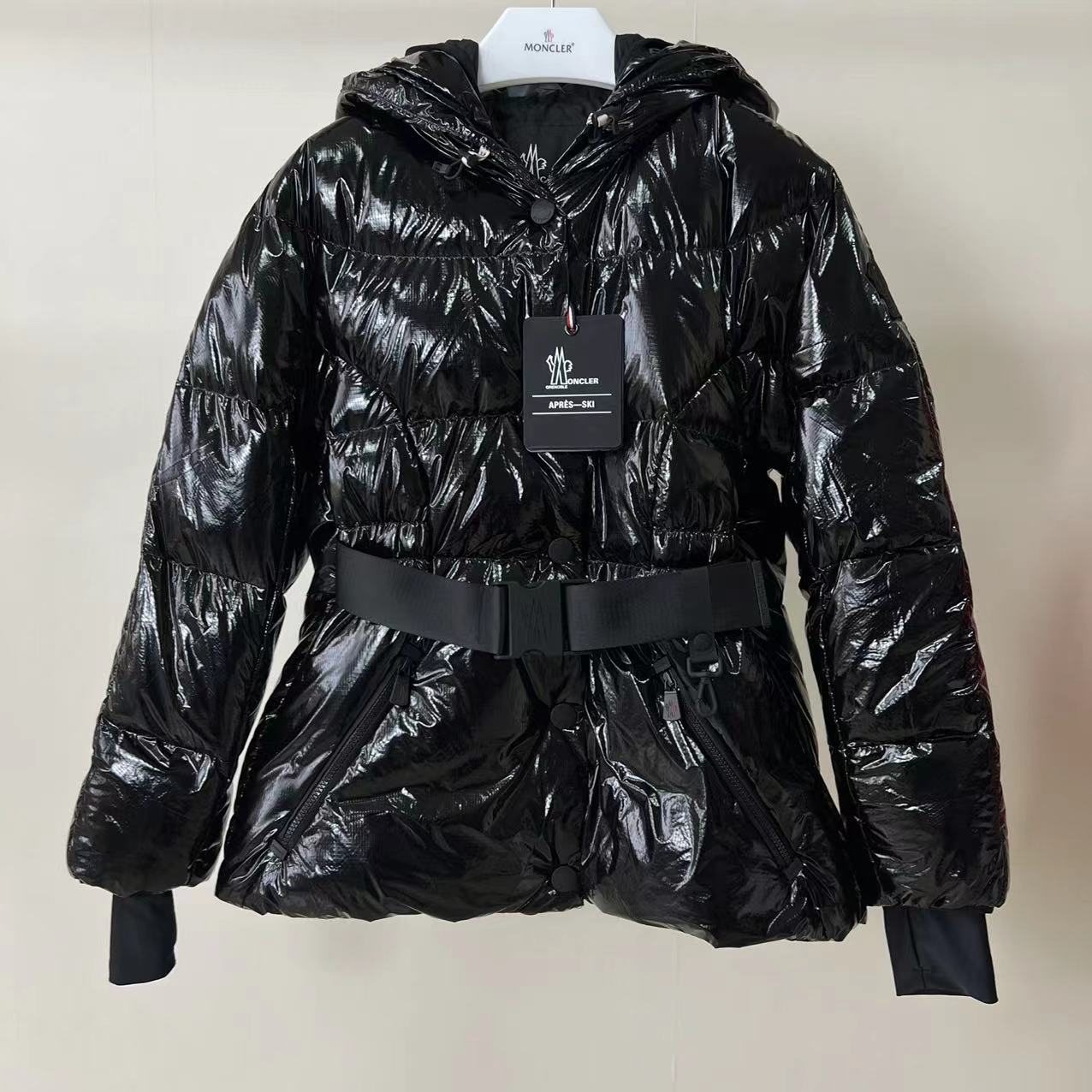 Moncler Women's Glossy Belted Hooded Puffer Coat — front