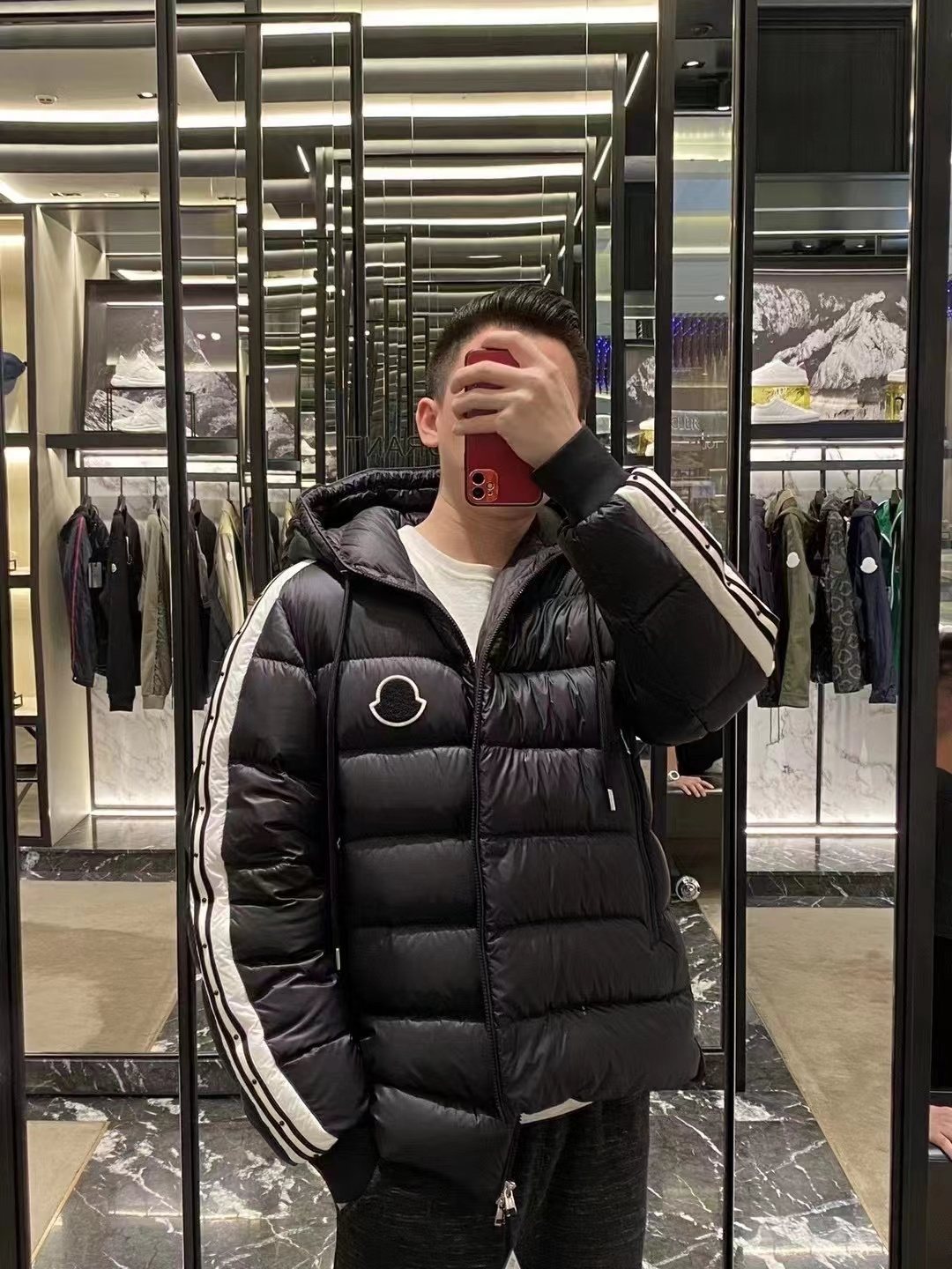 Moncler Hooded Striped-Sleeve Puffer Coat — context