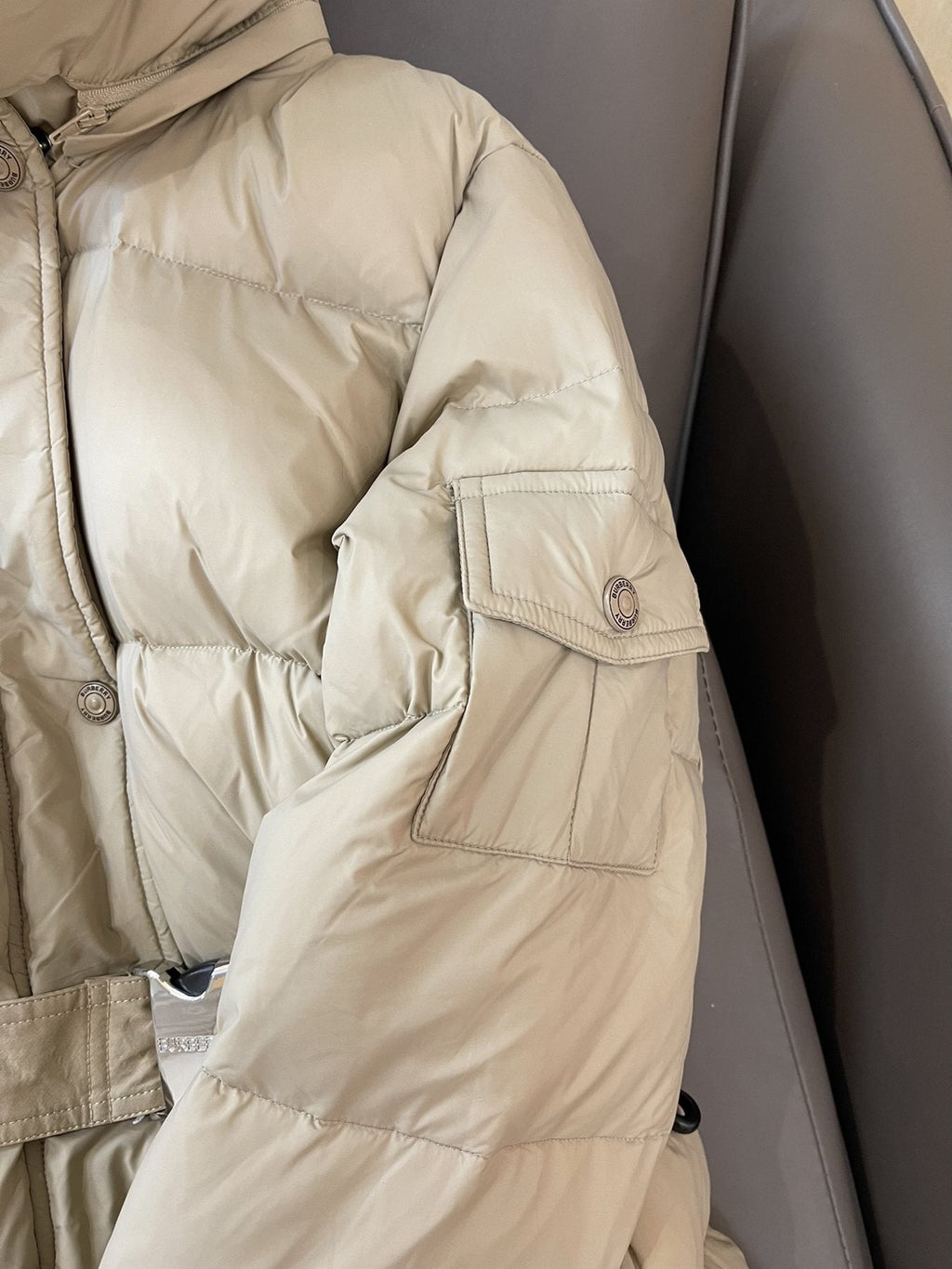 Burberry Long Belted Down Jacket — detail