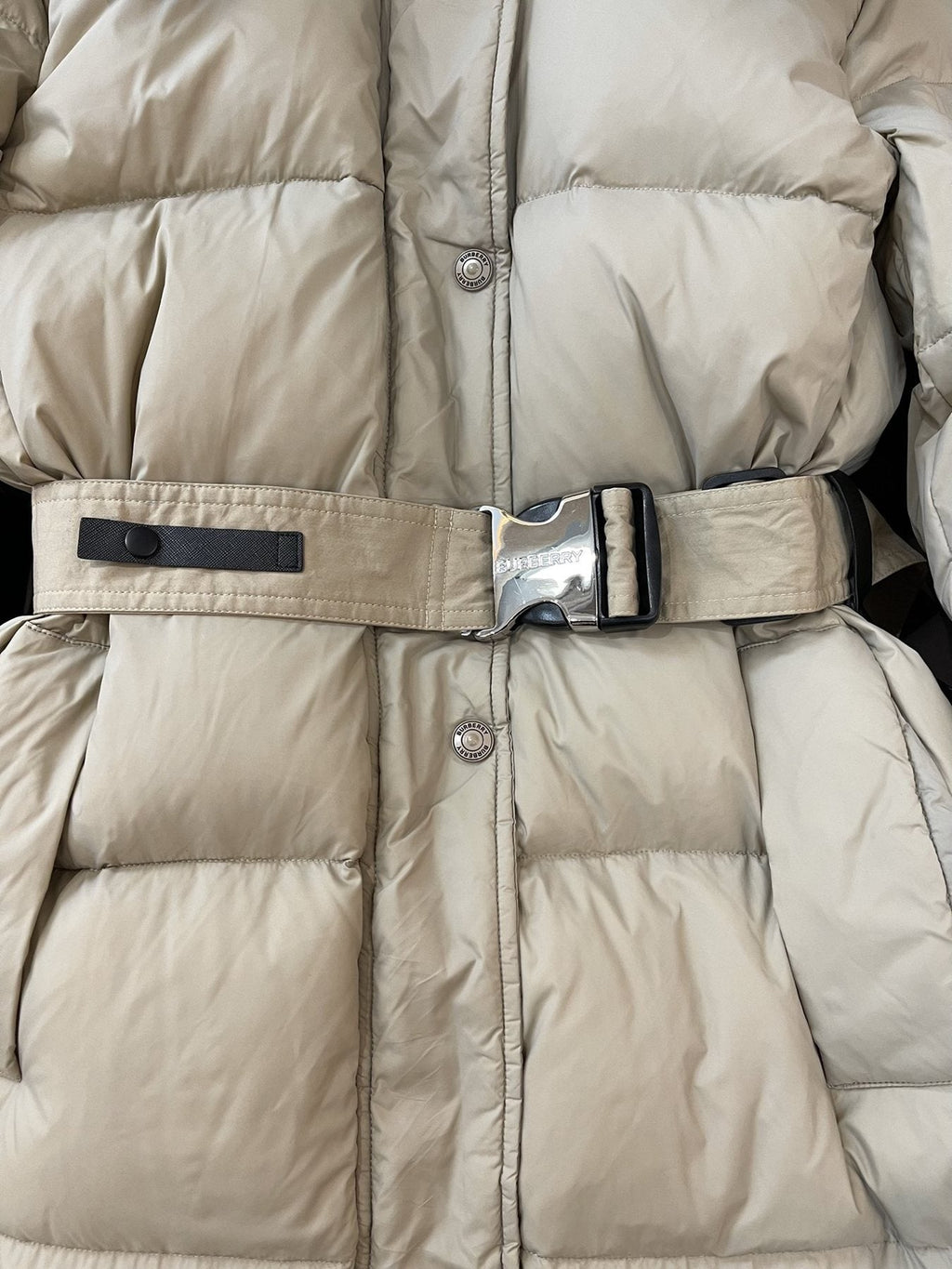 Burberry Long Belted Down Jacket — detail
