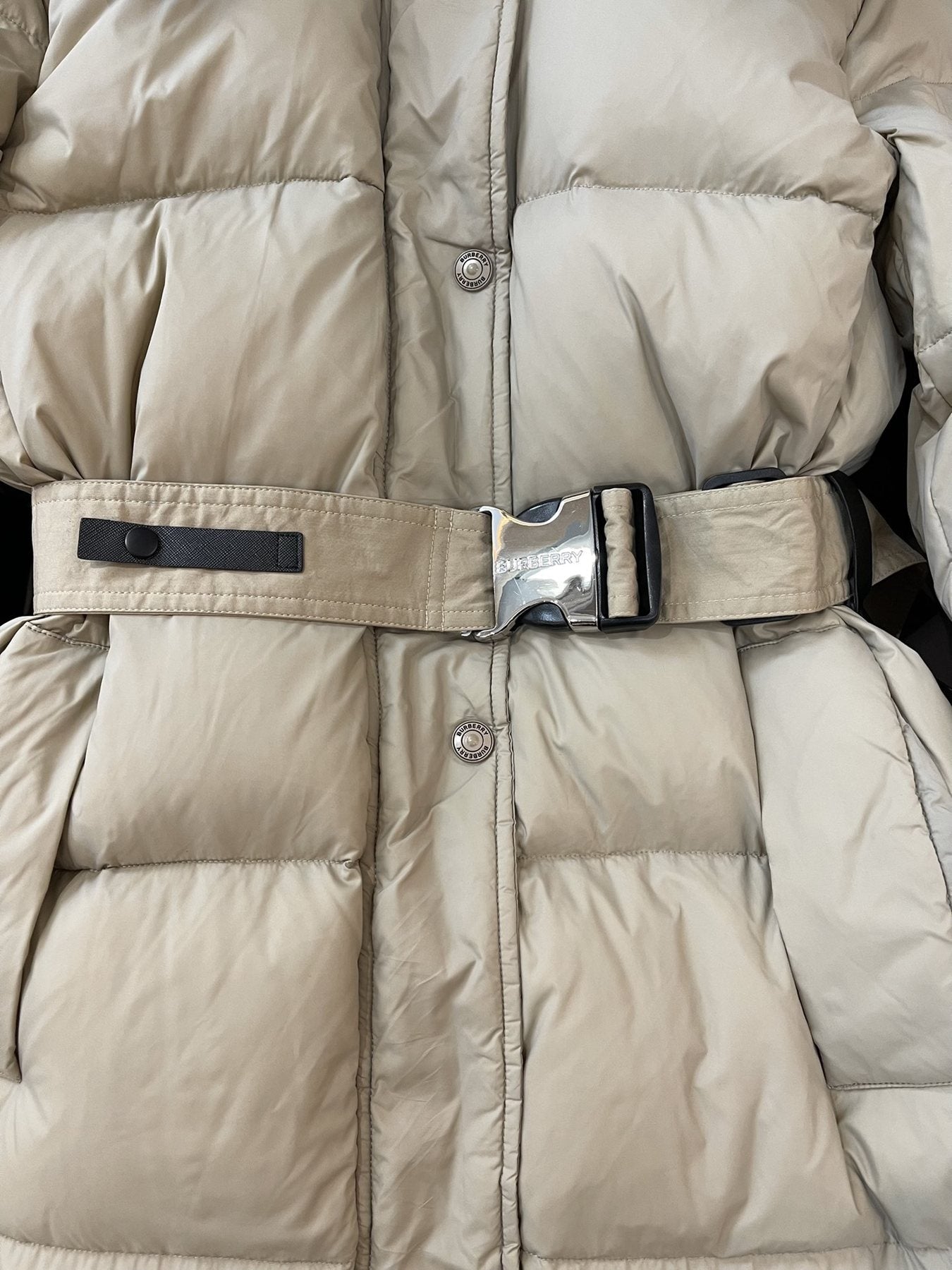 Burberry Long Belted Down Jacket — detail