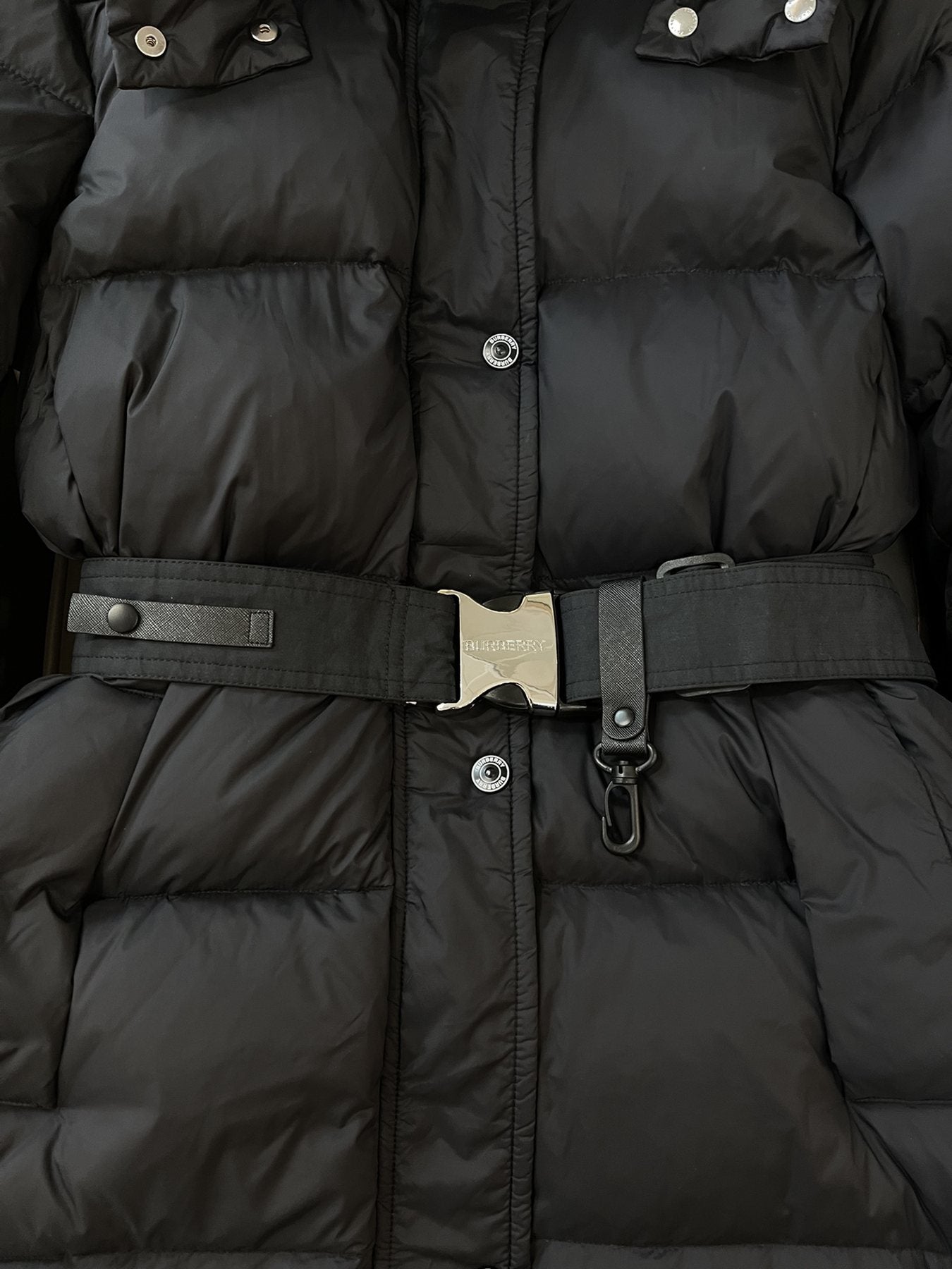 Burberry Long Belted Down Jacket — detail
