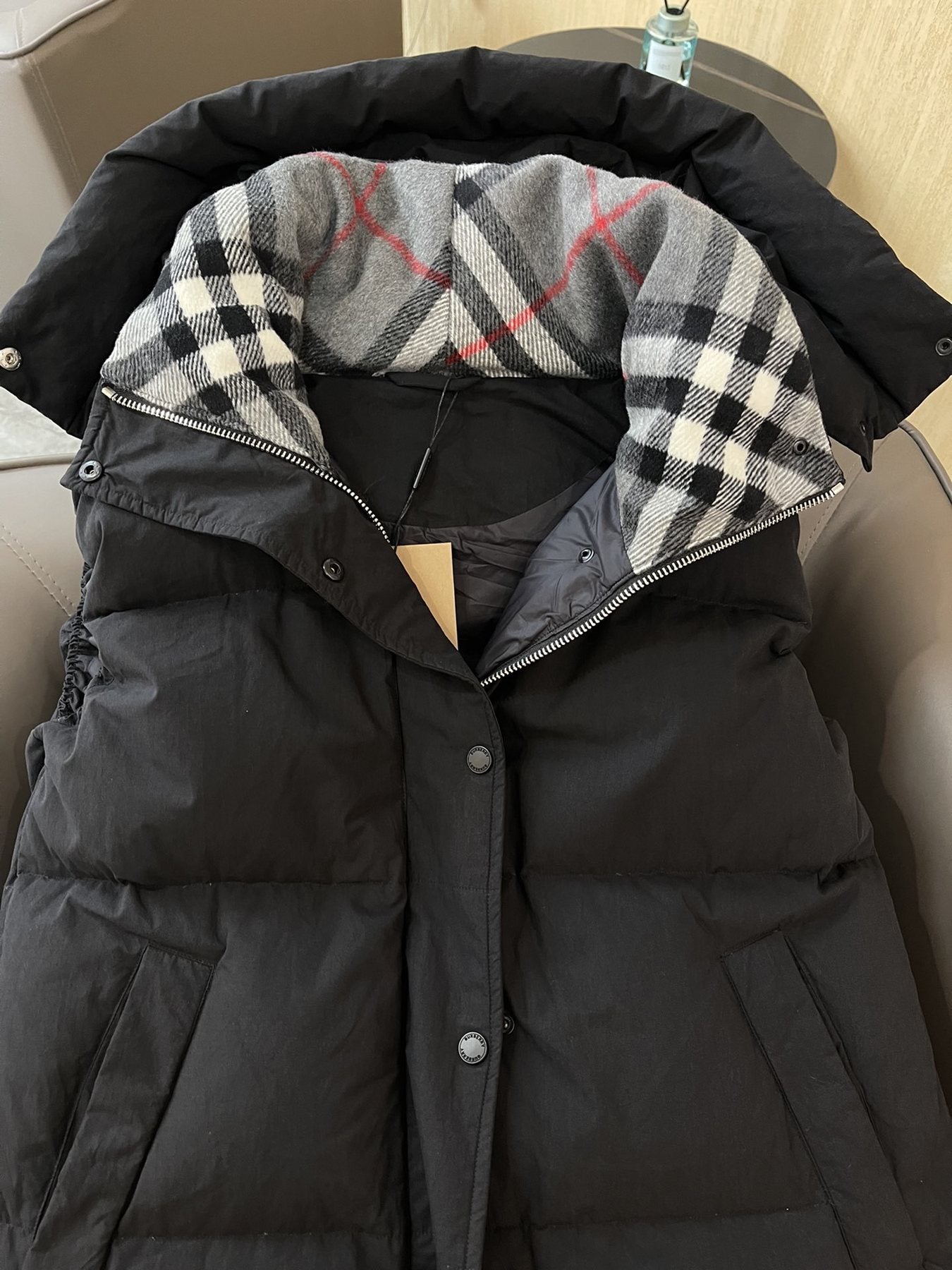 Burberry Hooded Long Down Vest — detail