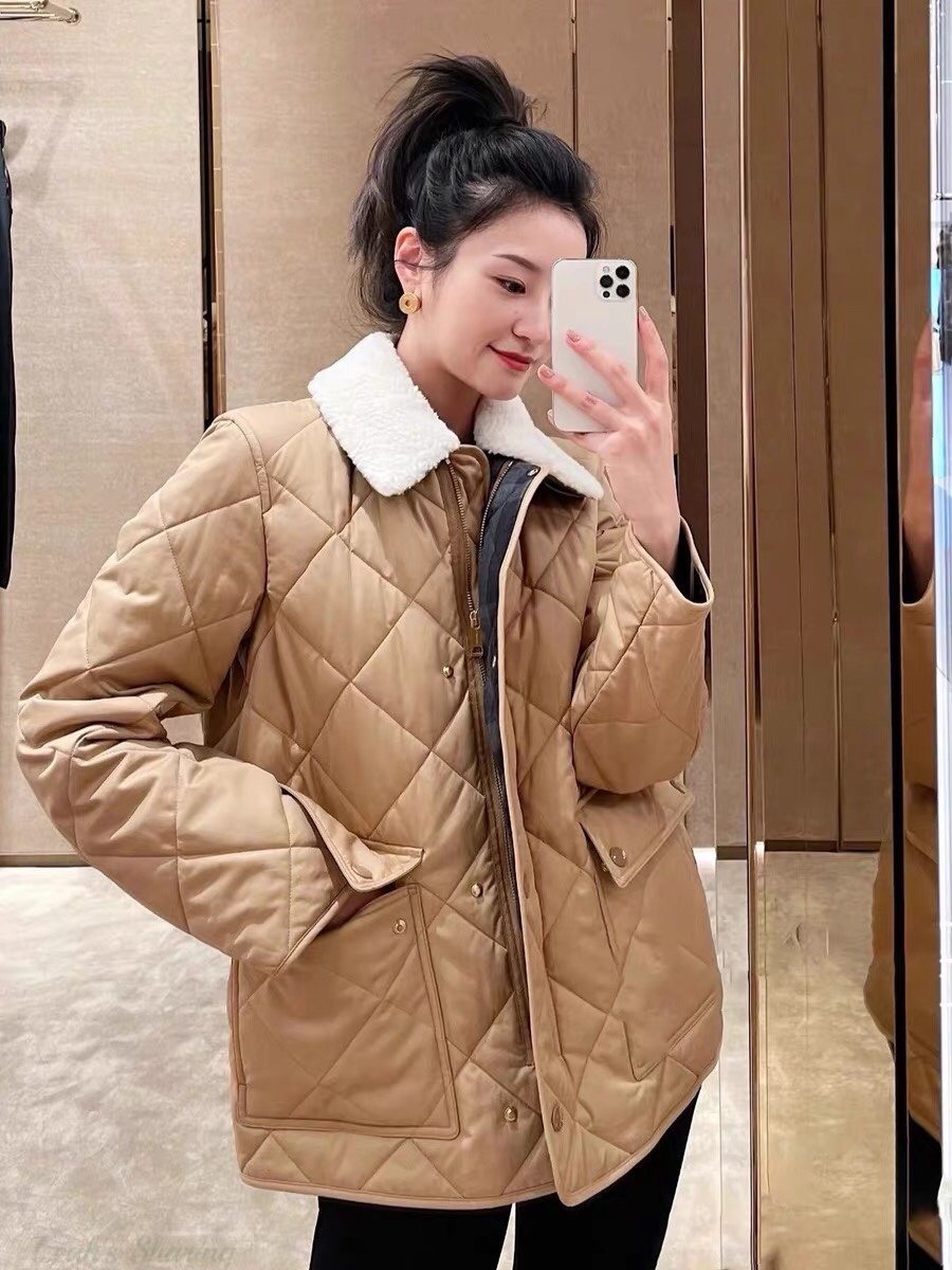 Burberry Diamond-Quilted Contrast-Collar Jacket — context