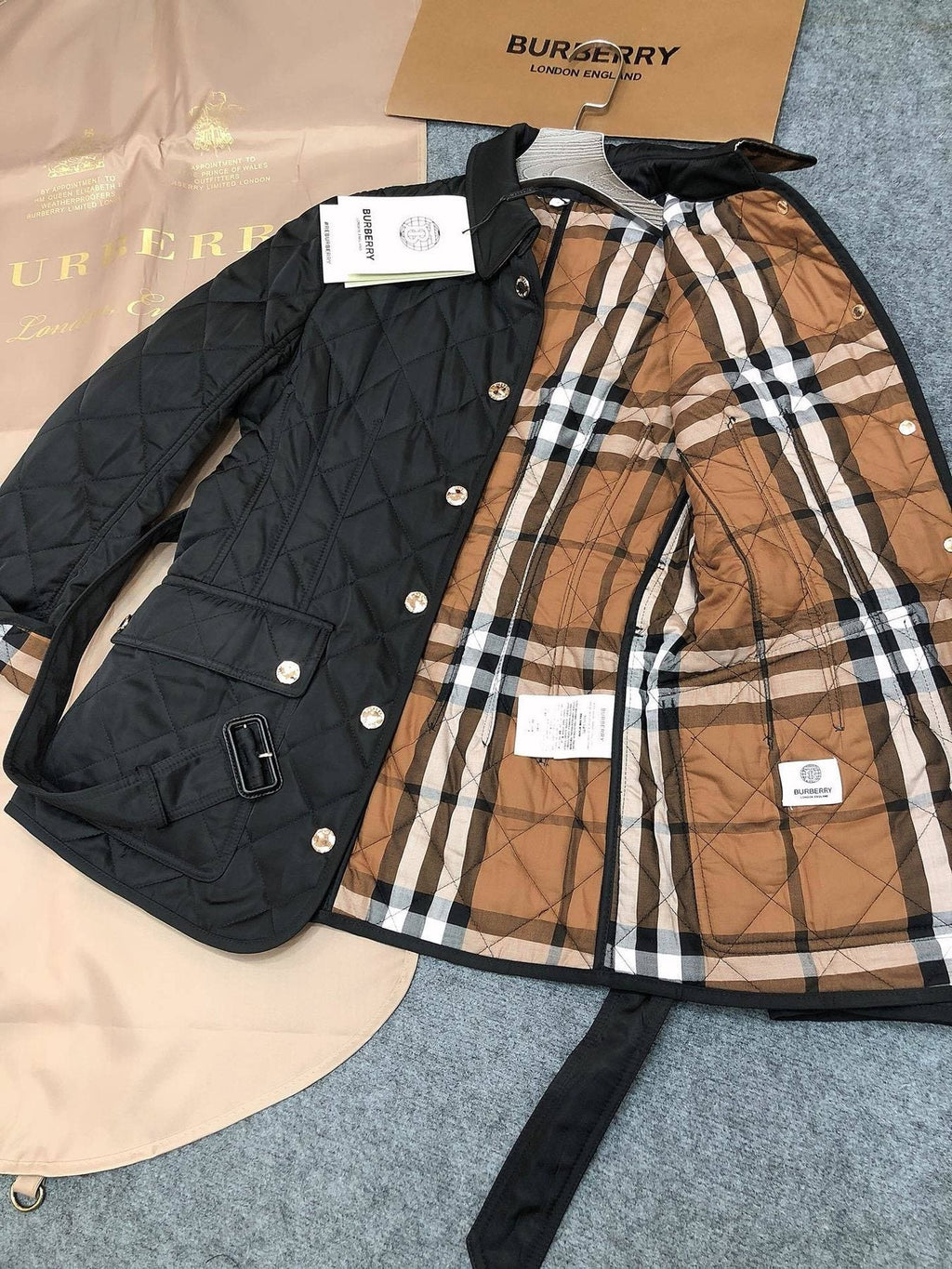 Burberry Women's Diamond-Quilted Belted Jacket — detail
