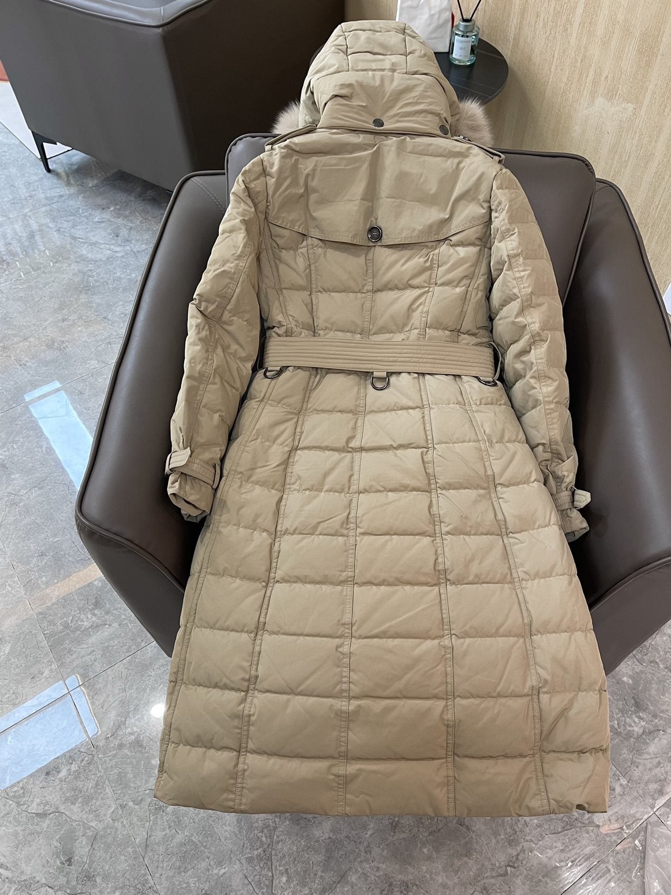 Burberry Belted Hooded Long Down Jacket — back