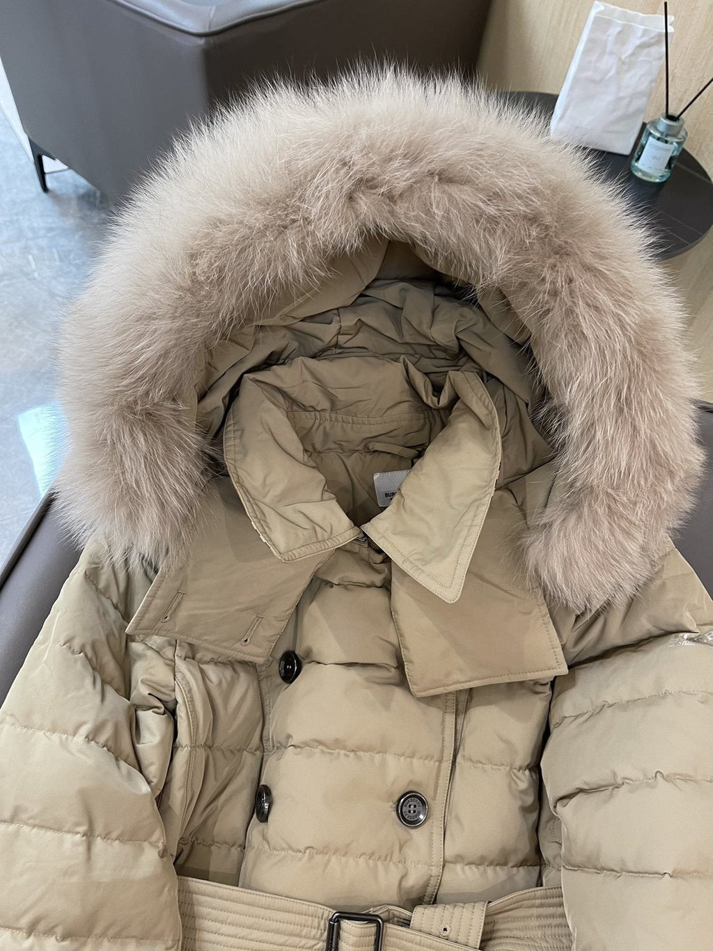 Burberry Belted Hooded Long Down Jacket — detail