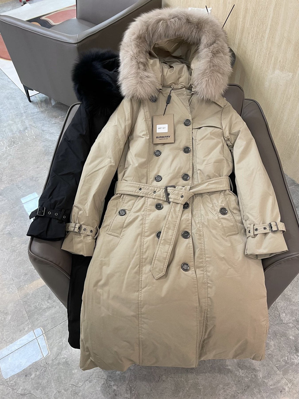 Burberry Fur-Trim Hooded Long Down Jacket — front