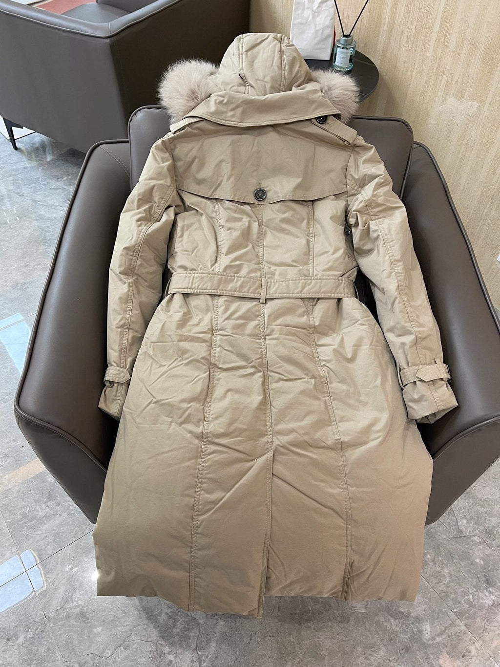 Burberry Fox Fur-Trim Belted Long Down Jacket — back