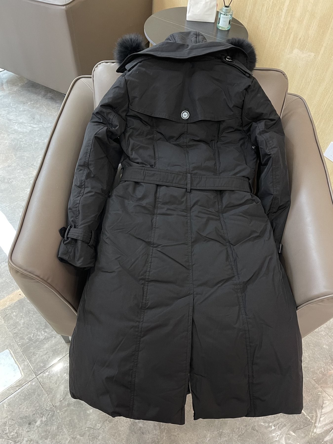 Burberry Fur-Trim Hooded Long Down Jacket — back